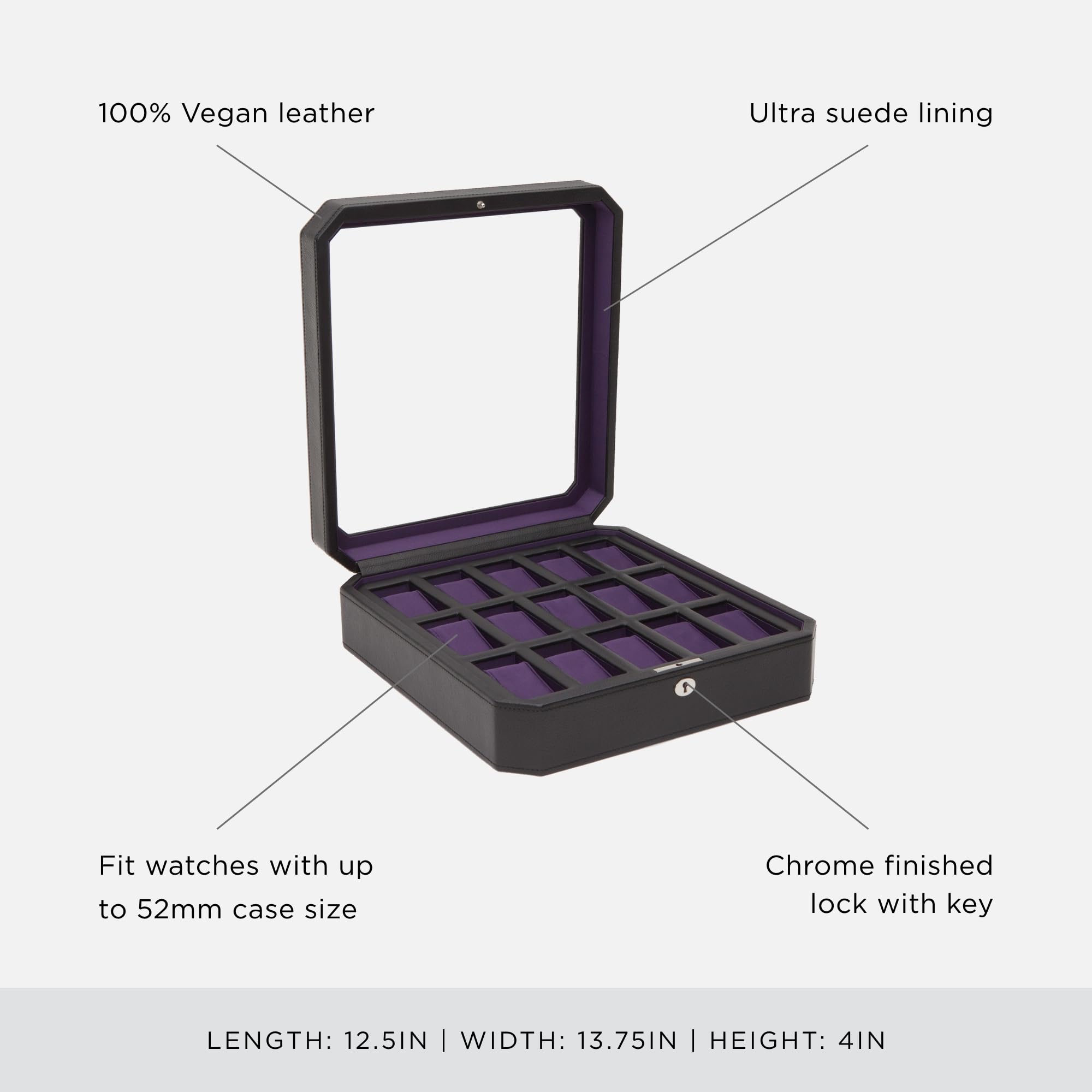 Premium WOLF Windsor 15-Piece Watch Box - Black/Purple Vegan Leather Watch Organizer with 15 Watch Compartments | Perfect for Watch Collectors, Jewelry Storage & Travel Accessories