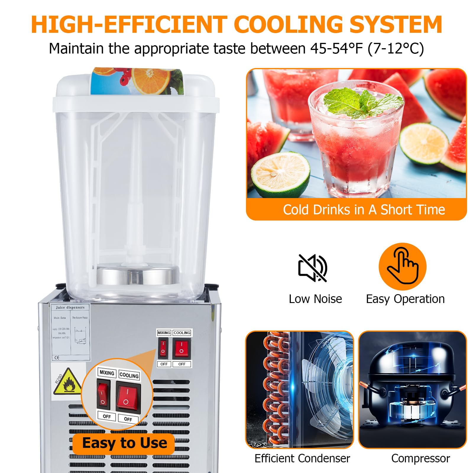 Towallmark 4.75 Gallon (18L) Commercial Beverage Dispenser - Stainless Steel Iced Tea & Juice Dispenser with Thermostat Control, 180W Power, Food-Grade Construction - Perfect for Restaurants, Cafes, and Catering Events
