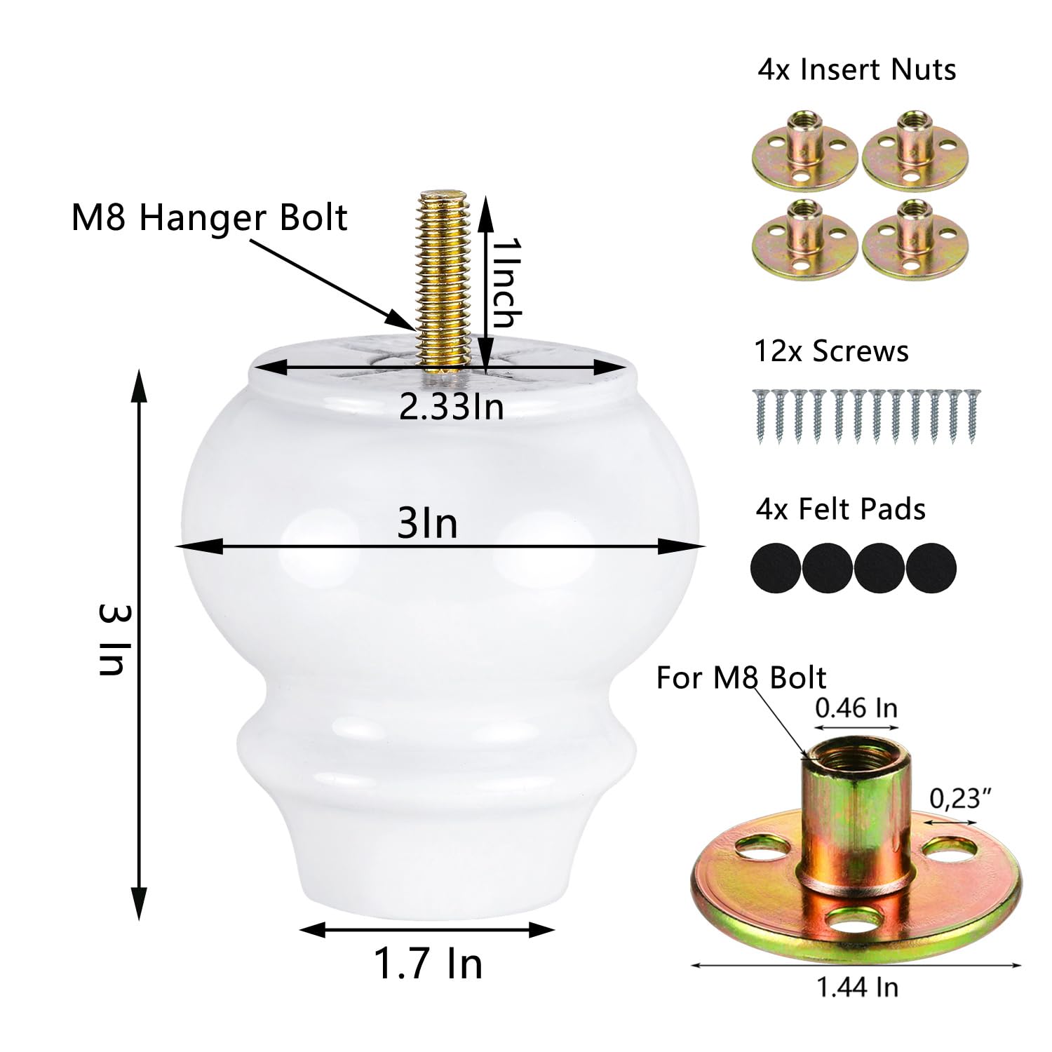 3 Inch White Wood Furniture Legs - Set of 4 Screw-in M8 Bolt Replacement Feet for DIY Ottoman, Couch & Sofa - Perfect for Home Decor, Furniture Repair and DIY Projects
