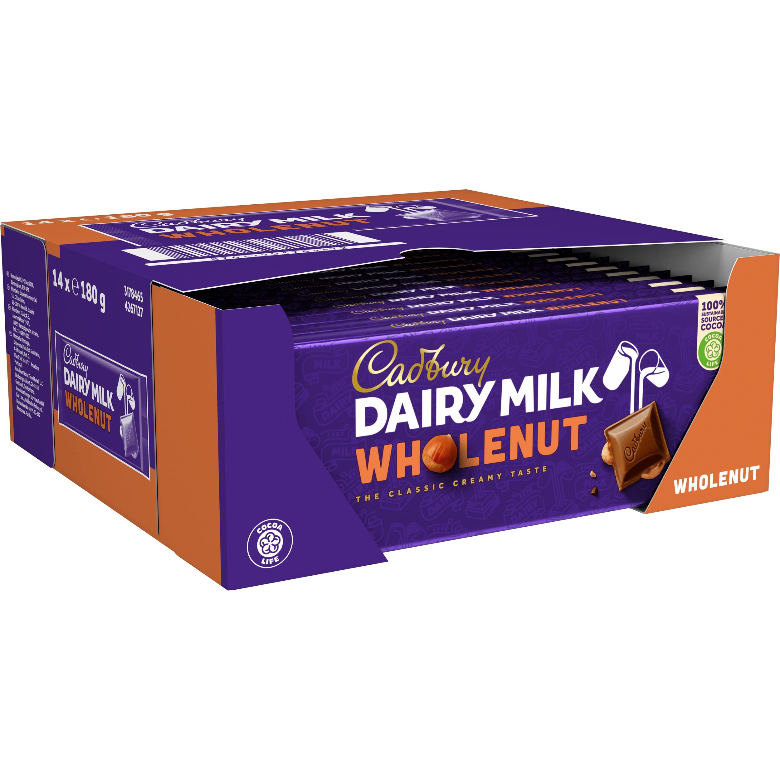 Cadbury Whole Nut Dairy Milk Chocolate Bars - Creamy Milk Chocolate with Crunchy Hazelnut Chunks - 14 Pack (180g Each) - Perfect for Gifts, Snacking & Baking