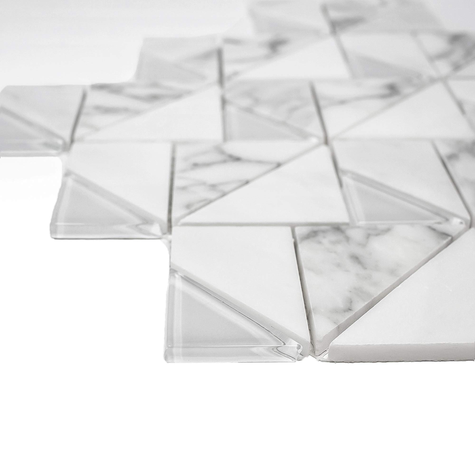 TMOPG-01 White Carrara Marble Mosaic Tile - 10 Sheets Triangle Square Pattern - Waterproof Peel & Stick Backsplash for Kitchen, Bathroom, Shower Wall - Natural Stone Wall Tile for Home Decor