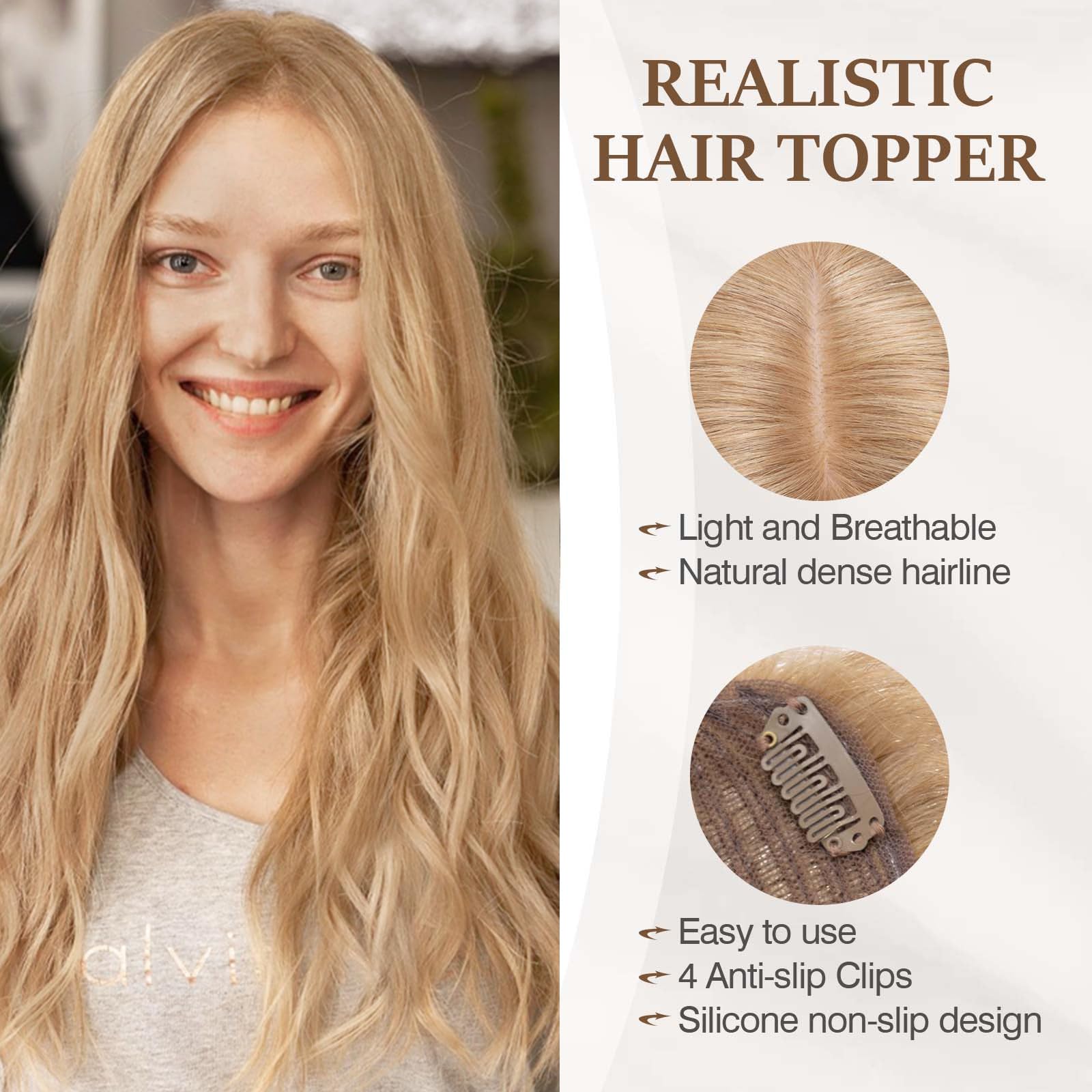 100% Human Hair Toppers for Women - Remy Clip-In Hair Topper with Silk Base for Thinning Hair | 14 Inch Dark Blonde (#27) | Natural Looking Hairpiece for Daily Wear, Parties & Special Occasions