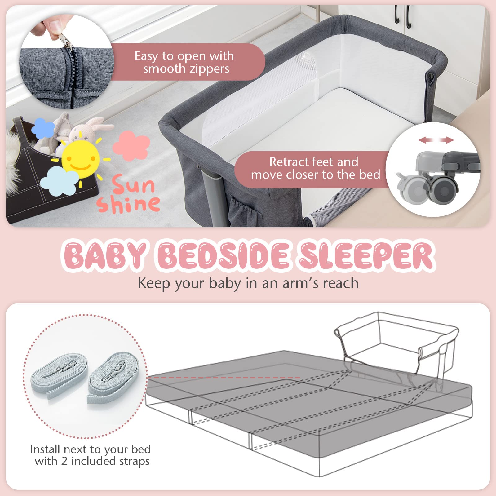 **BABY JOY 3-in-1 Adjustable Height Folding Bassinet & Bedside Sleeper with Mattress, Lockable Wheels, Storage Pocket & Carry Bag – Portable Crib for Newborns & Infants (Grey) – Ideal for Nursery, Travel & Co-Sleeping**