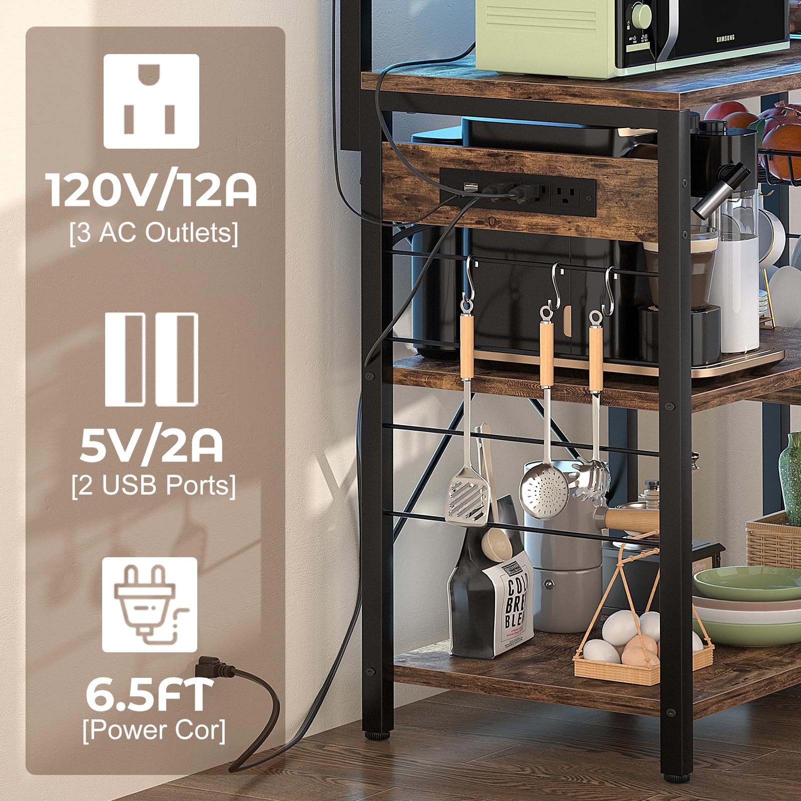 Aheaplus Rustic Brown Bakers Rack with Power Outlet & LED Lights - Microwave Stand, Kitchen Storage Shelf with Wire Baskets, Coffee Bar Station & 10 Hooks for Spices & Pots - Perfect for Small Kitchens, Apartments & Coffee Stations