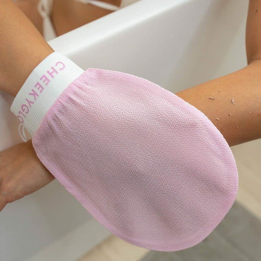 Cheekyglo Exfoliating Glove for Face & Body - Pure Viscose Fiber Scrub Mitt for Dead Skin Removal, Tan Removal & Smooth Skin - Soft Baby Pink Exfoliator (Pack of 1) - Perfect for Shower, Spa & Self-Care Routine