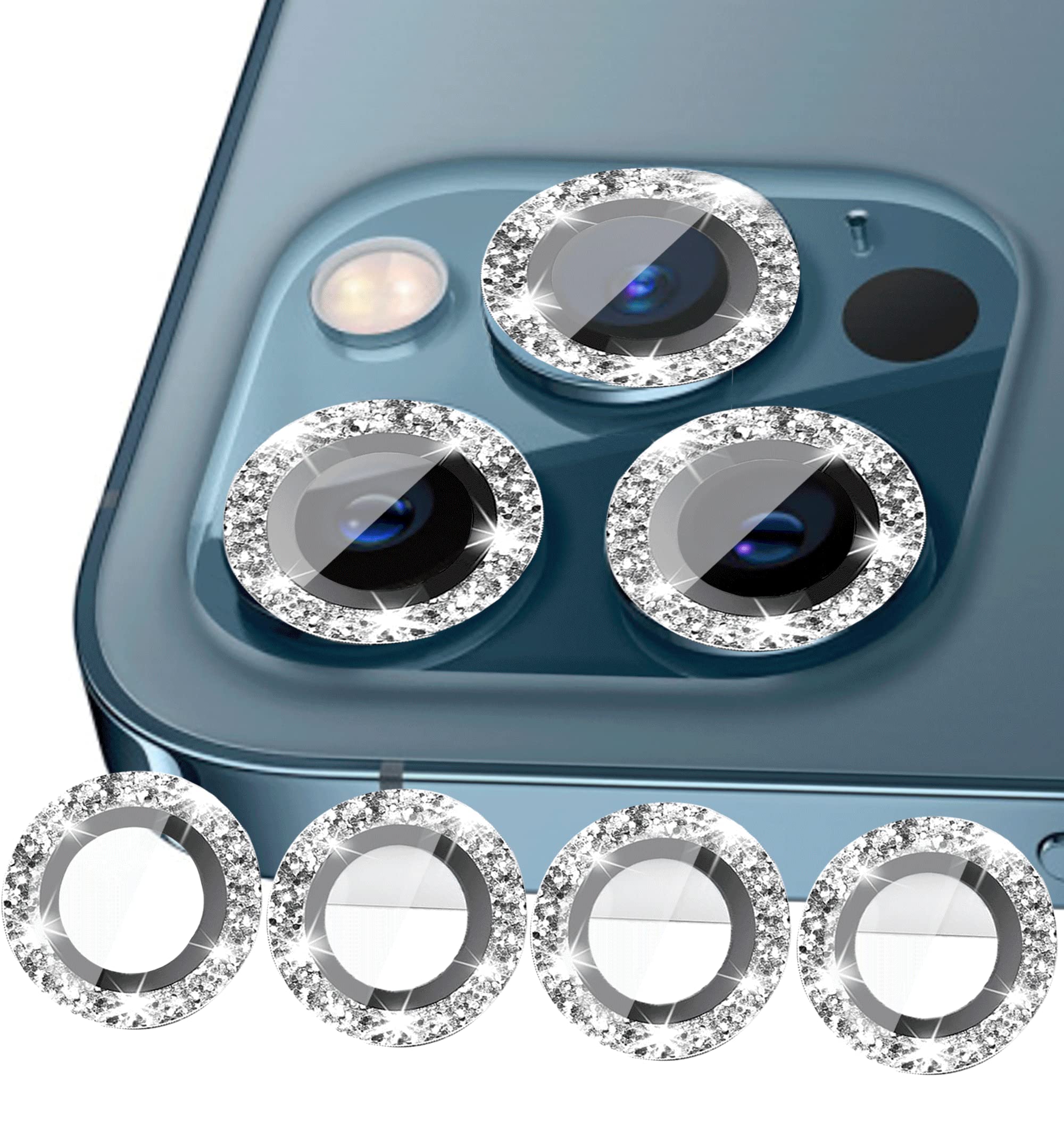 Sparkly Glitter Camera Lens Protector for iPhone 12/12 Pro/11/11 Pro/11 Pro Max - Clear Glass Cover with Silver Bling (Not for 12 Pro Max) | Perfect for Parties, Weddings & Night Out Accessories