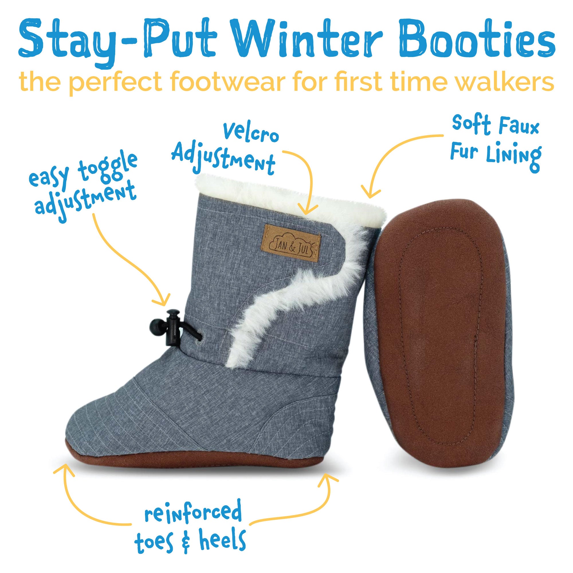 Jan & Jul Heather Gray Stay Put Winter Booties - Warm Non-Slip Baby Boots for Cold Weather - Perfect for Snow, Outdoor Play & Winter Adventures