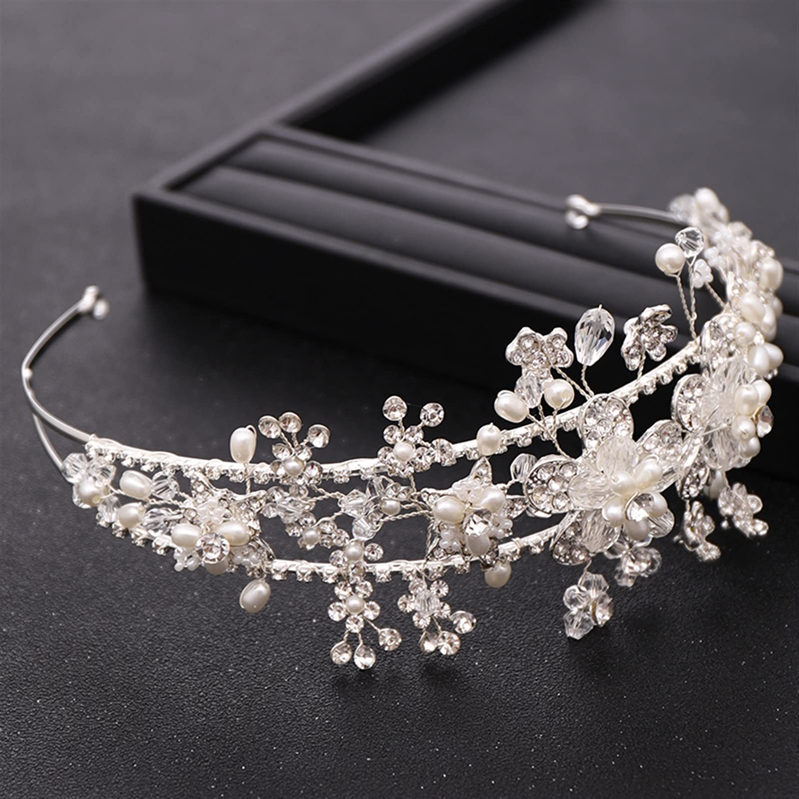 Elegant Silver Flower Wedding Tiara with Rhinestones & Pearls – Bride Hair Accessories for Princess Headband & Headdress – Perfect for Weddings, Prom, and Special Occasions