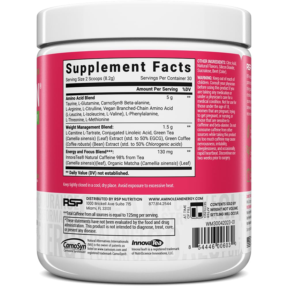 RSP Nutrition AminoLean Pre Workout Powder - BCAA Amino Acids & Natural Caffeine for Energy & Weight Management - Preworkout Boost for Men & Women (30 Servings) - Ideal for Gym, Fitness & Weight Loss Goals