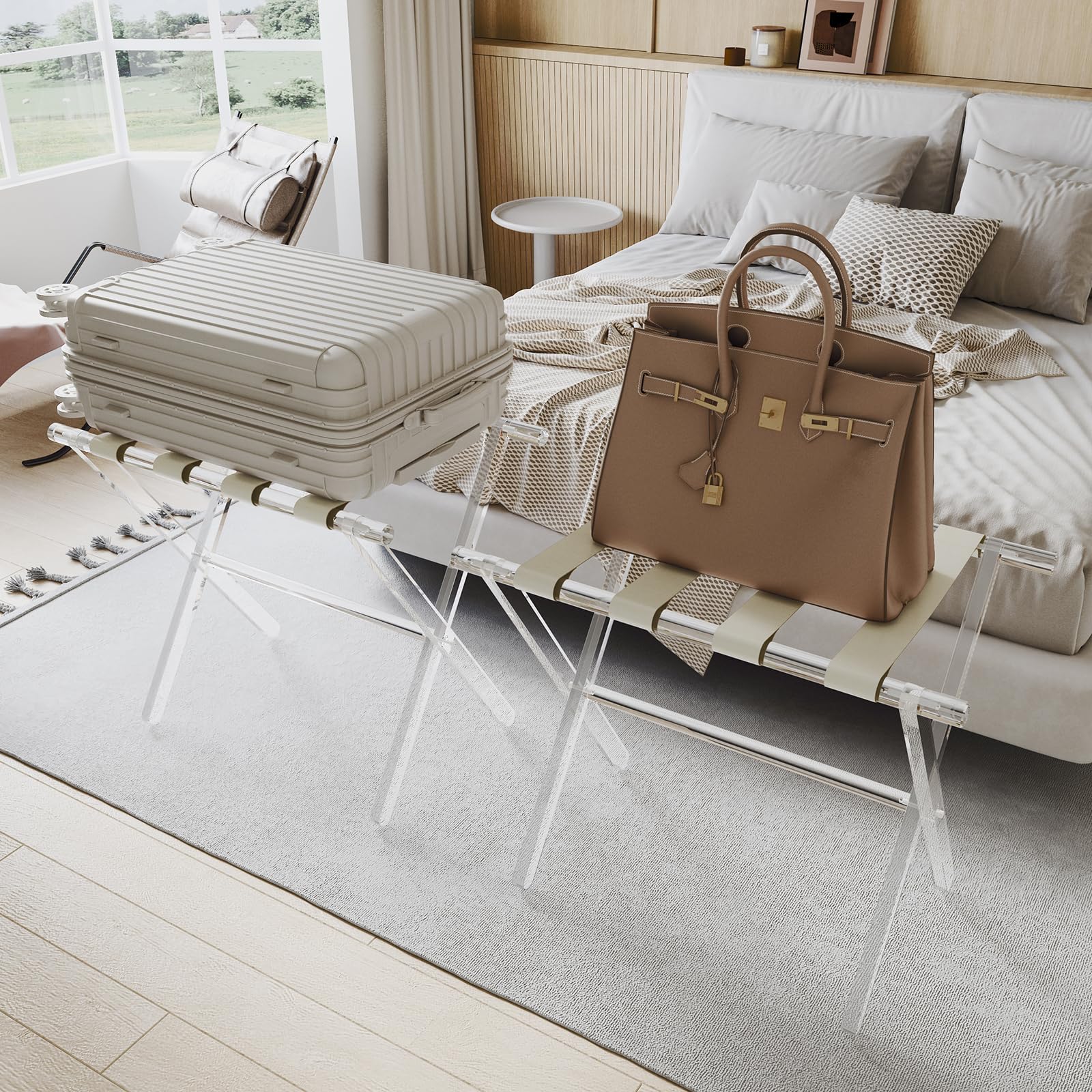 Foldable Acrylic Luggage Rack with Leather Straps - Heavy Duty Suitcase Stand Holds 50-100 lbs for Bedroom, Living Room & Hotel - Space Saving Beige Set of 2 - Perfect for Guest Rooms, Small Apartments & Travel Storage