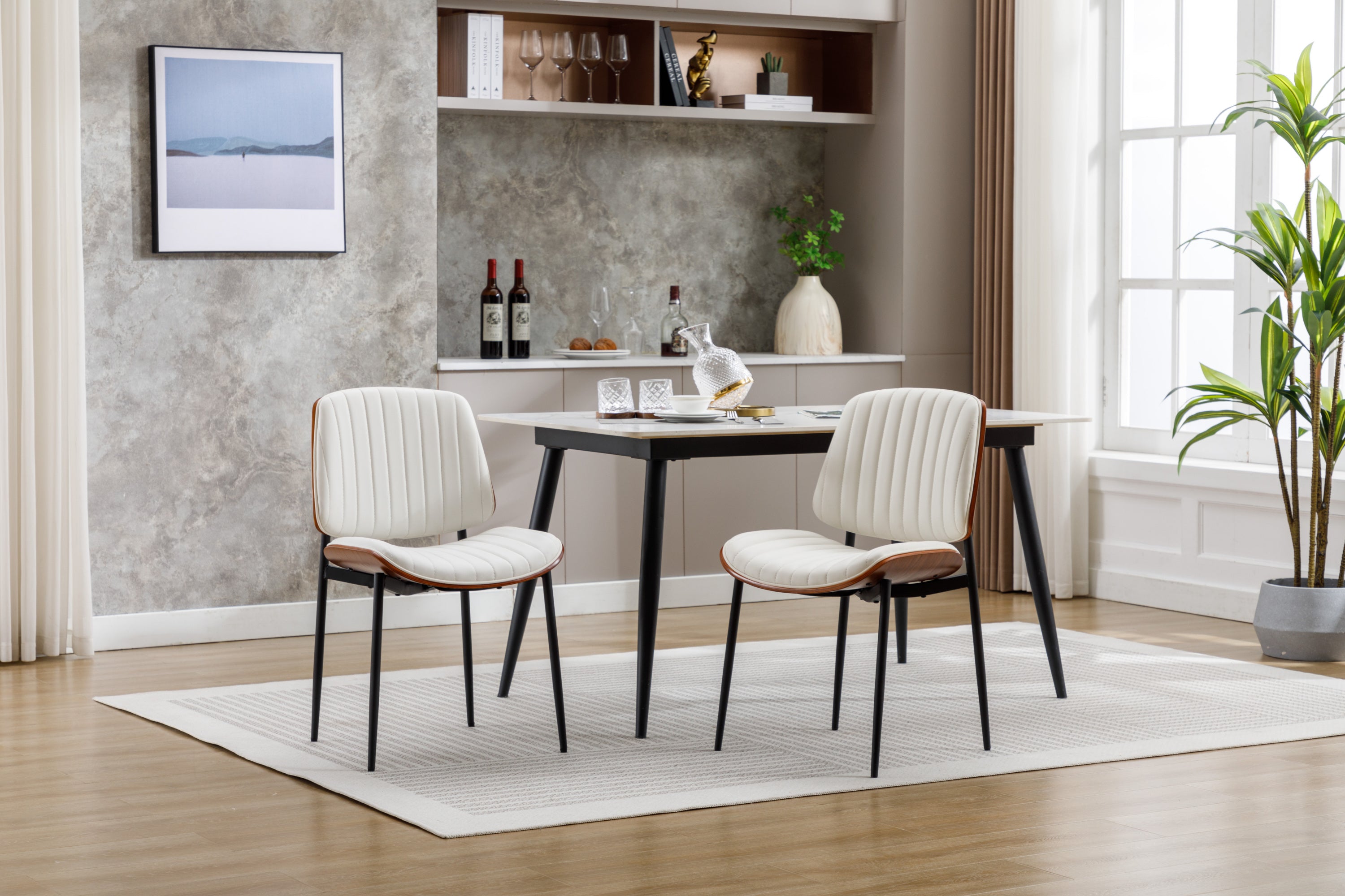 Mid Century Modern Dining Chairs Set of 2 - Retro Faux Leather Upholstered Chairs with Bentwood Seat & Adjustable Metal Legs - White Kitchen & Dining Room Furniture for Home Decor