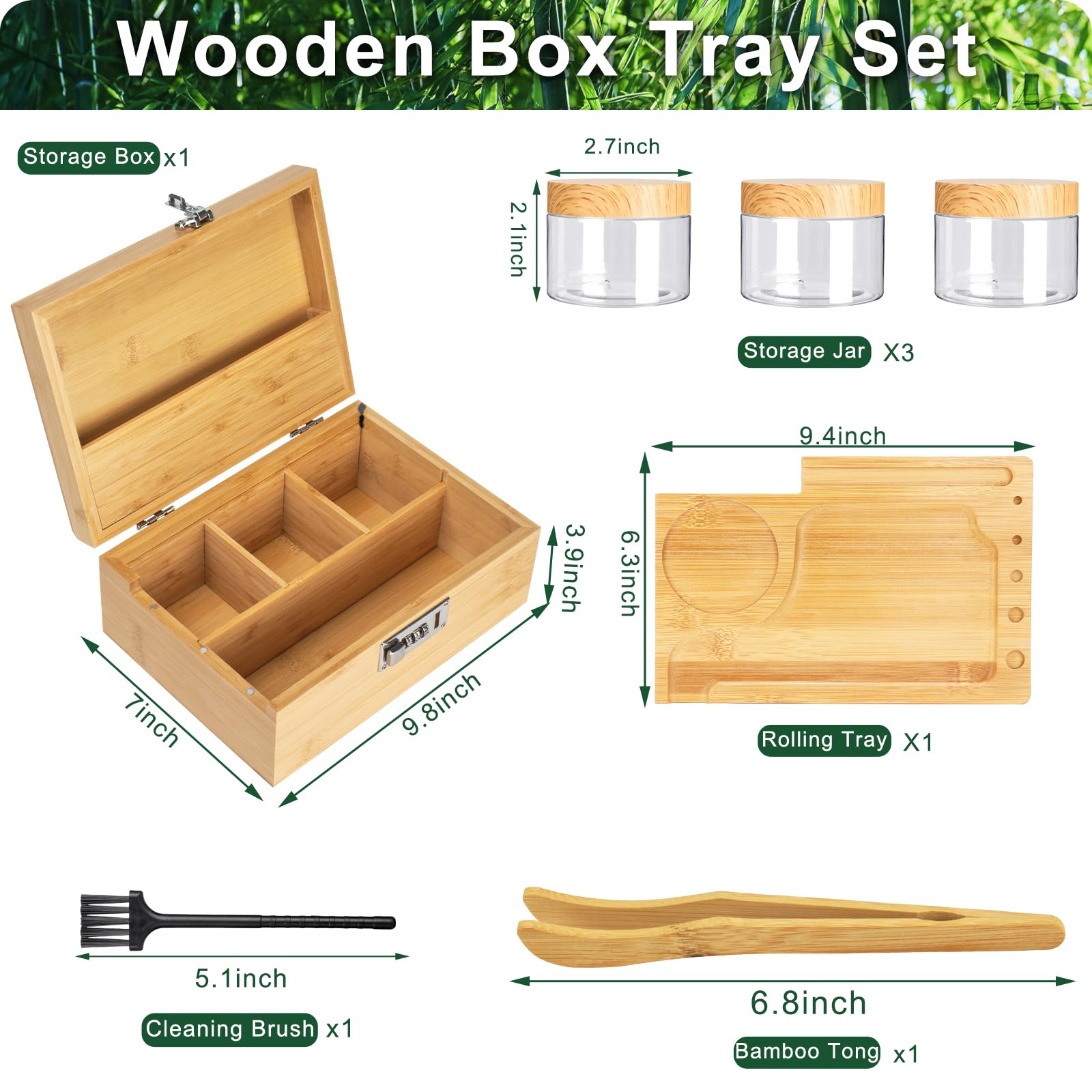 Premium Bamboo Wooden Storage Box Set with Combination Lock - Decorative Home Organizer with Removable Tray & 3 Glass Jars - Perfect Gift for Father's Day, Jewelry Storage, Office Supplies Organization & Home Decor Accessories