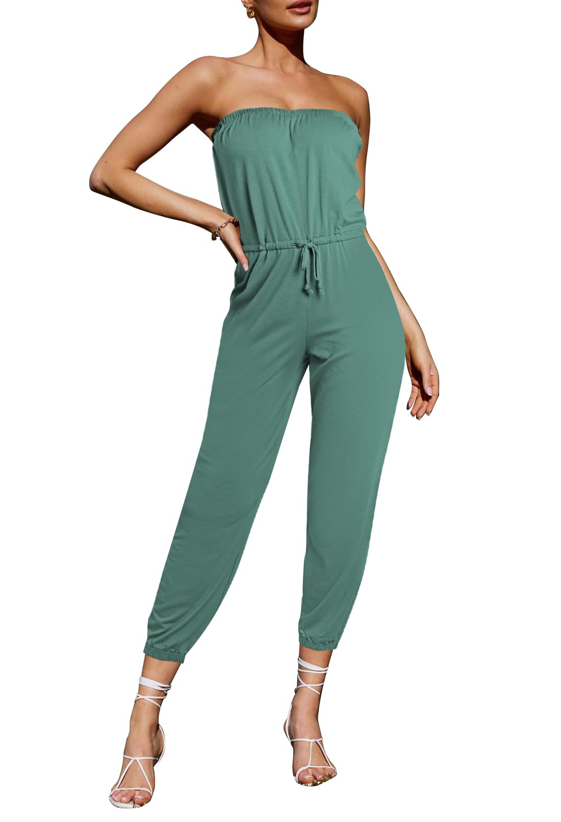 Pink Wind Women's Off Shoulder One Piece Jumpsuit - Casual Strapless Drawstring Romper for Summer Beach, Party & Vacation Outfits
