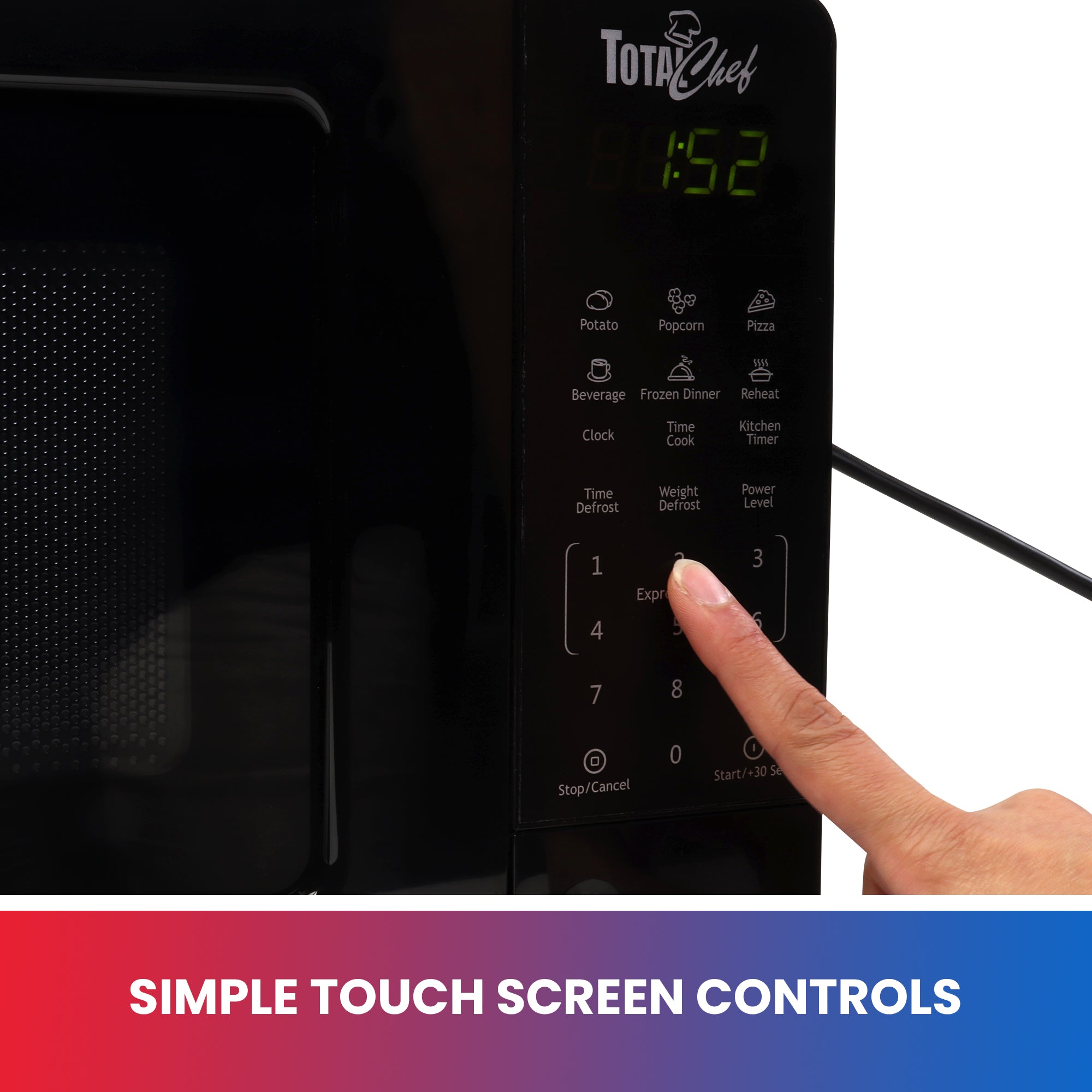 Total Chef 700W Compact Microwave Oven with Digital Touchscreen - 0.7 Cu. Ft. Black Countertop Microwave with Child Lock & 6 Preset Modes (Popcorn, Pizza, Beverage) - Perfect for Small Kitchens, Dorms & Offices