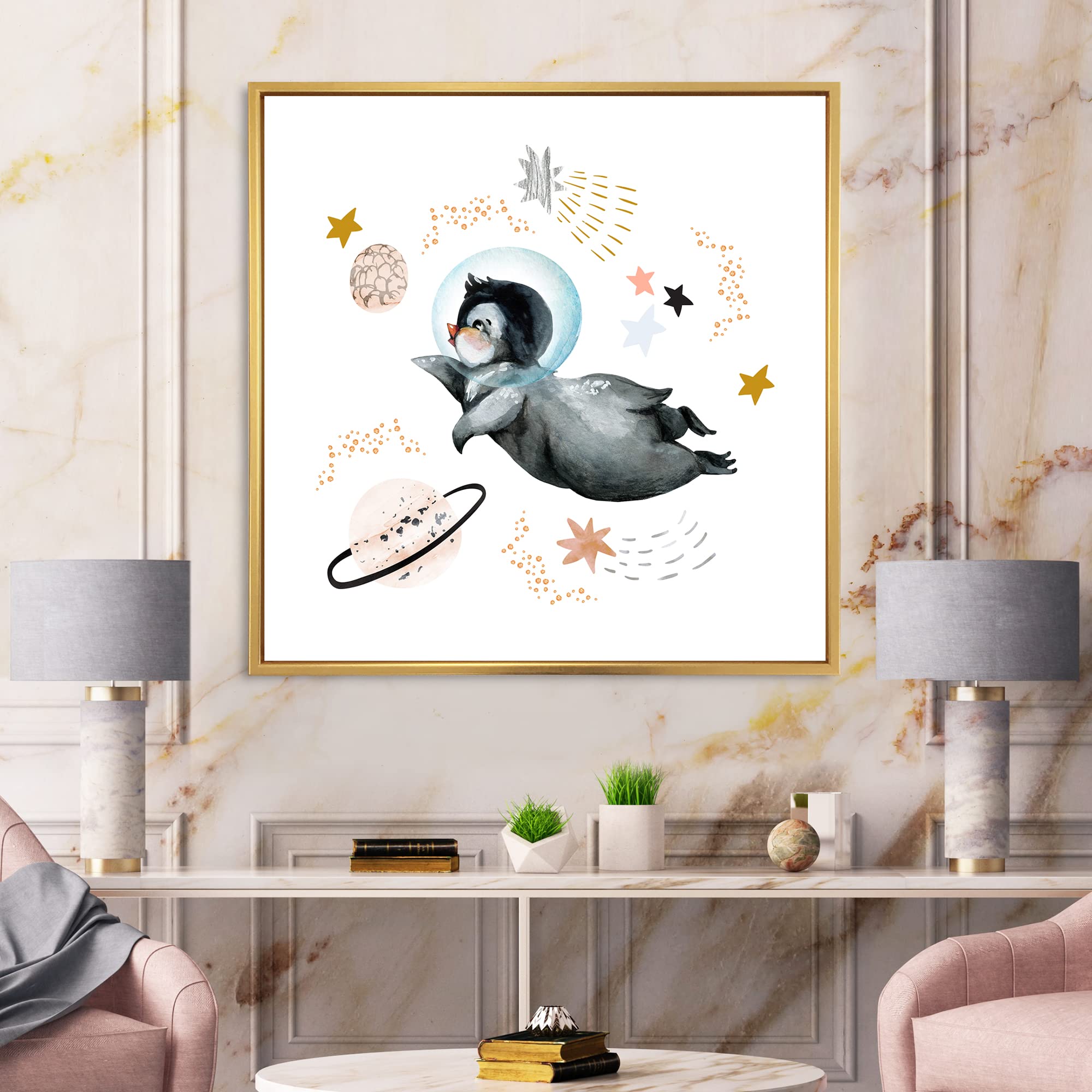 Little Penguin Flying Stars and Planets II - Farmhouse Framed Canvas Wall Art Print - Nursery Decor, Kids Room Wall Decor, Living Room Artwork