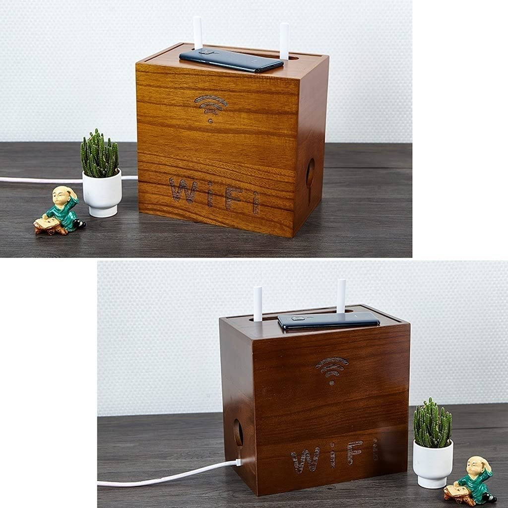 Wooden WiFi Router Storage Box with Power Strip Management - Desktop Organizer for Wireless Router, Cables & Accessories | Perfect for Home Office, Living Room & Bedroom Organization