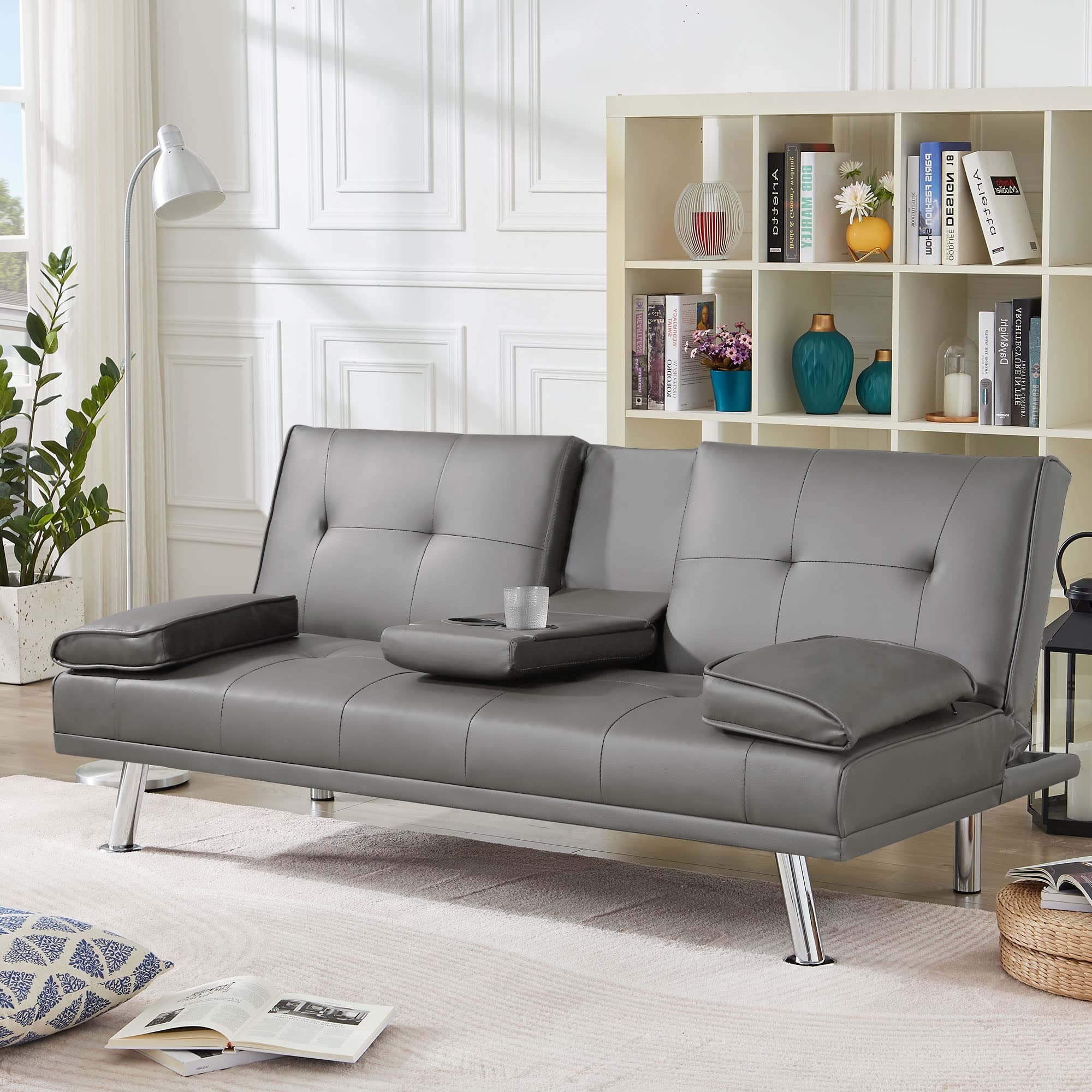 Modern Faux Leather Convertible Futon Sofa Bed with Removable Armrests & Cup Holders - Sleeper Couch for Small Spaces, Living Room, Apartment - Gray | Perfect for Guest Rooms, Home Offices & Studio Apartments