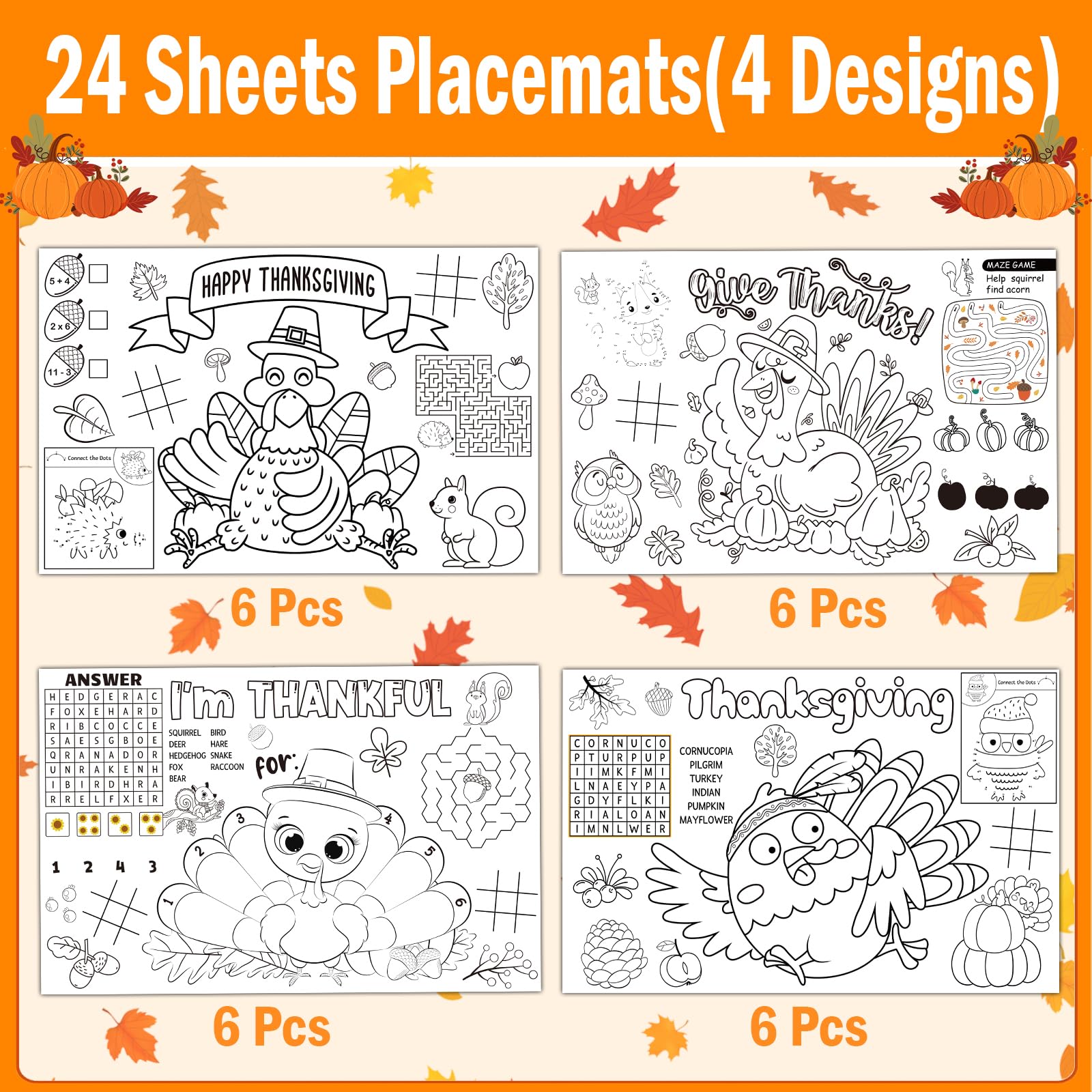 24 Pack Thanksgiving Coloring Paper Placemats - Turkey Themed DIY Craft Place Mats for Kids & Adults - Perfect for Holiday Dinners, Classroom Activities & Family Gatherings