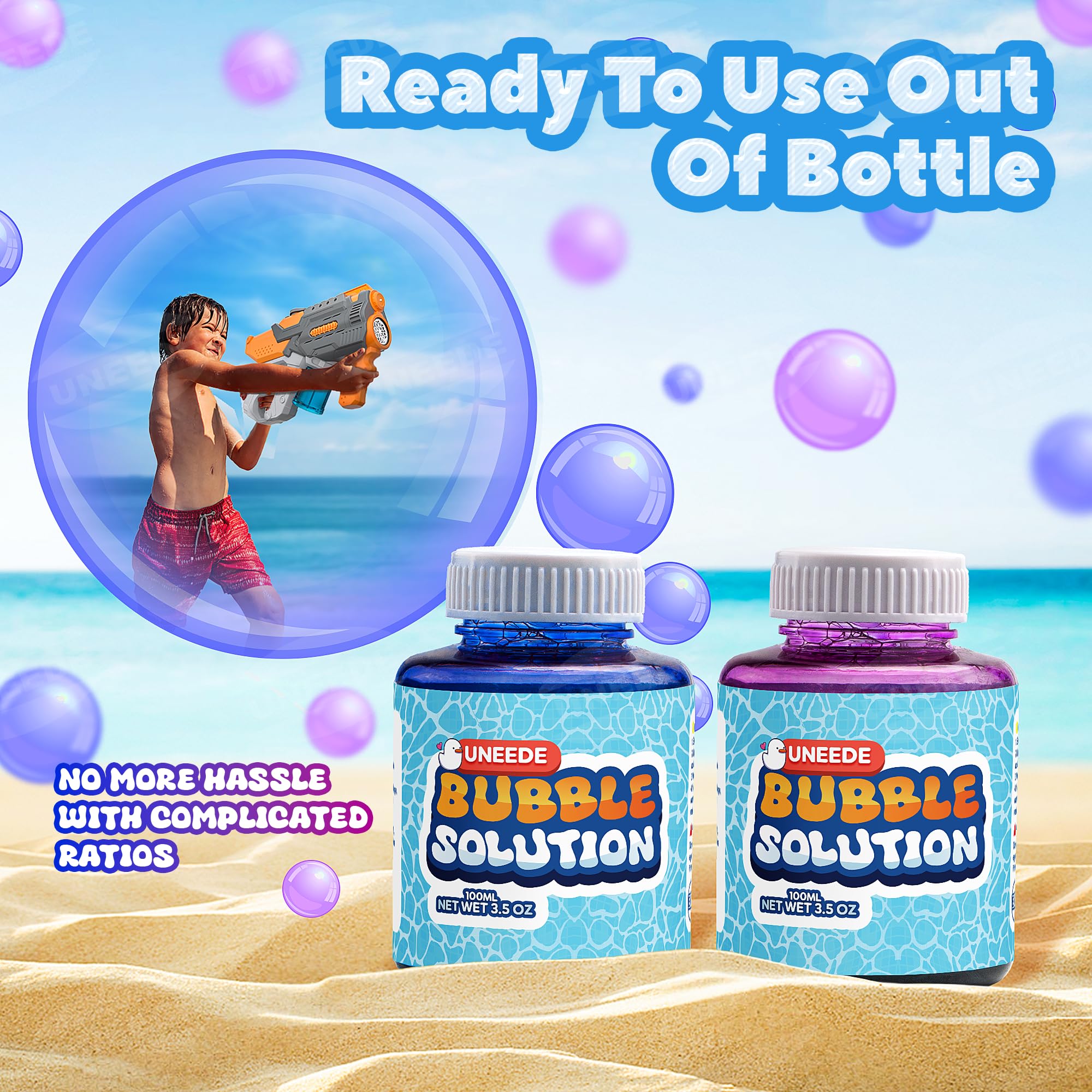 UNNEEDE Premium Bubble Solution Refill 2 Pack (200ml/7oz Each) - Non-Toxic Bubble Liquid for Bubble Machines & Bubble Toys - Vibrant Purple & Blue Bubbles for Kids Outdoor Play, Birthday Parties & Backyard Fun