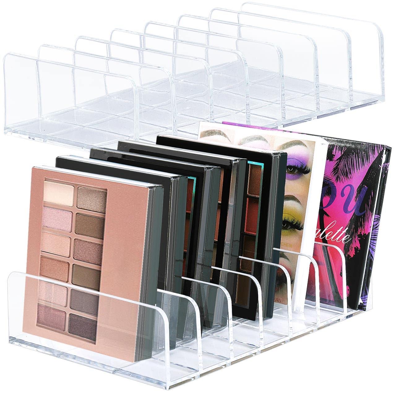 2-Pack Acrylic Makeup Palette Organizer with 7 Sections - Clear Eyeshadow & Cosmetic Storage Holder for Bathroom Countertop, Vanity, Travel - Perfect for Organizing Wallets, Sunglasses & Beauty Products