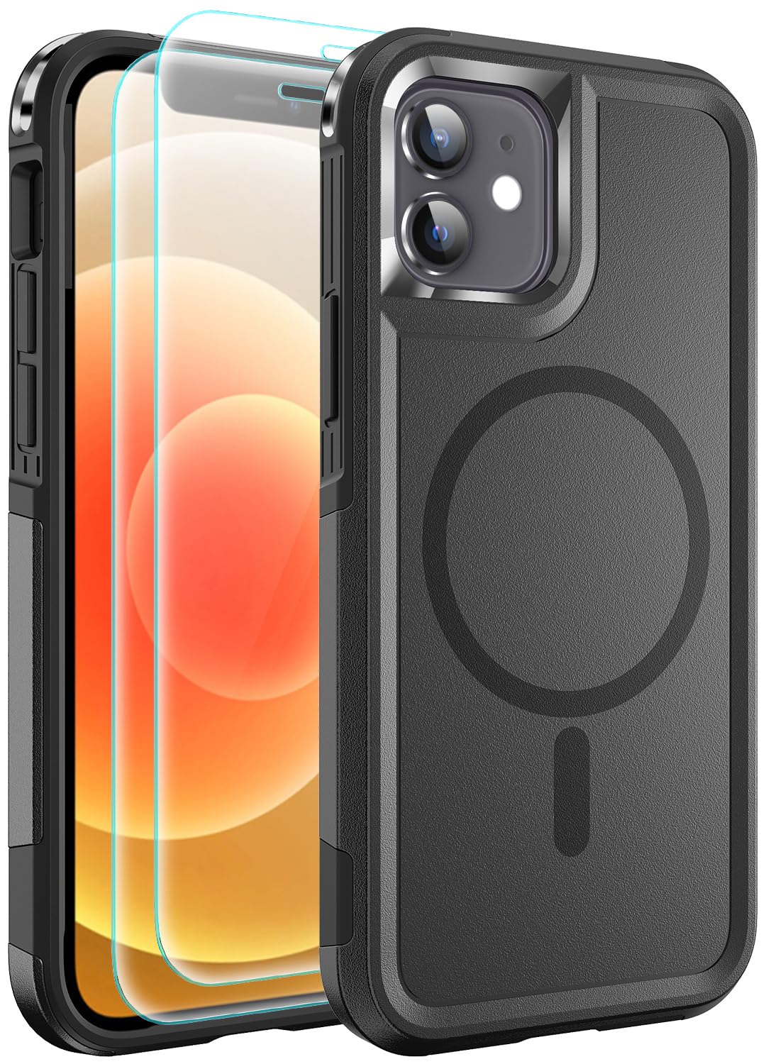 Ezanmull Magnetic Case for iPhone 12/12 Pro - Shockproof & Drop Proof Protective Cover with 2 Tempered Glass Screen Protectors | MagSafe Compatible | Z Magnetic Black | Perfect for Work, Travel & Outdoor Activities