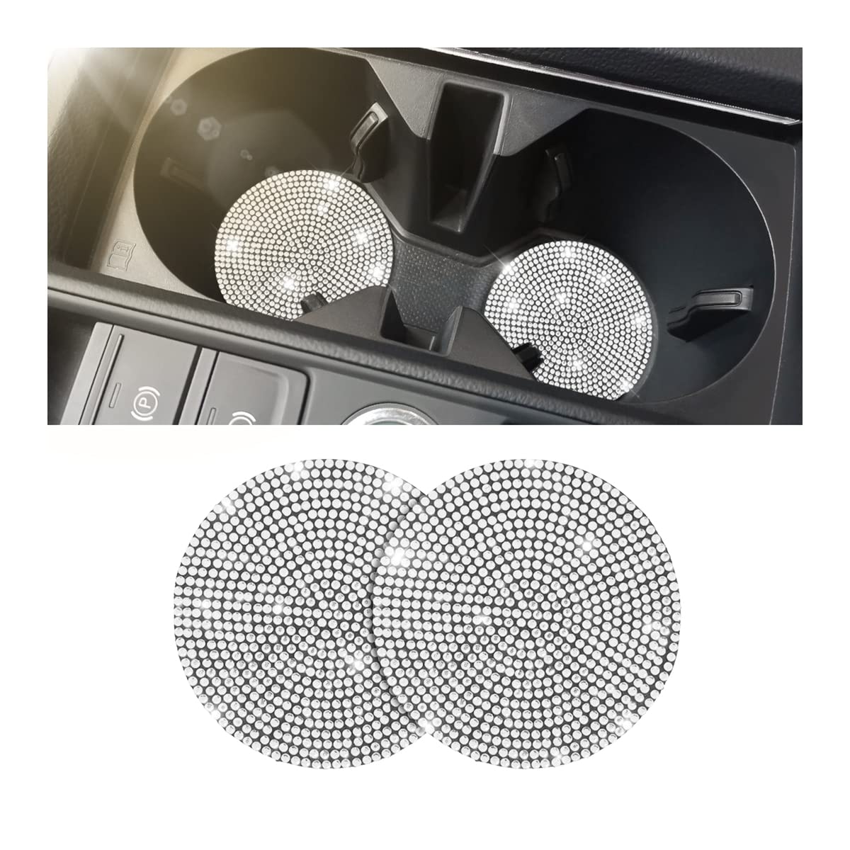 2PCS Rhinestone Crystal Car Cup Holder Coasters - Handcrafted Anti-Slip Universal Cup Holder for Cars, SUVs, Home & Office - Luxury Car Interior Accessories for Women & Men (White) - Perfect for Travel, Commuting & Daily Use
