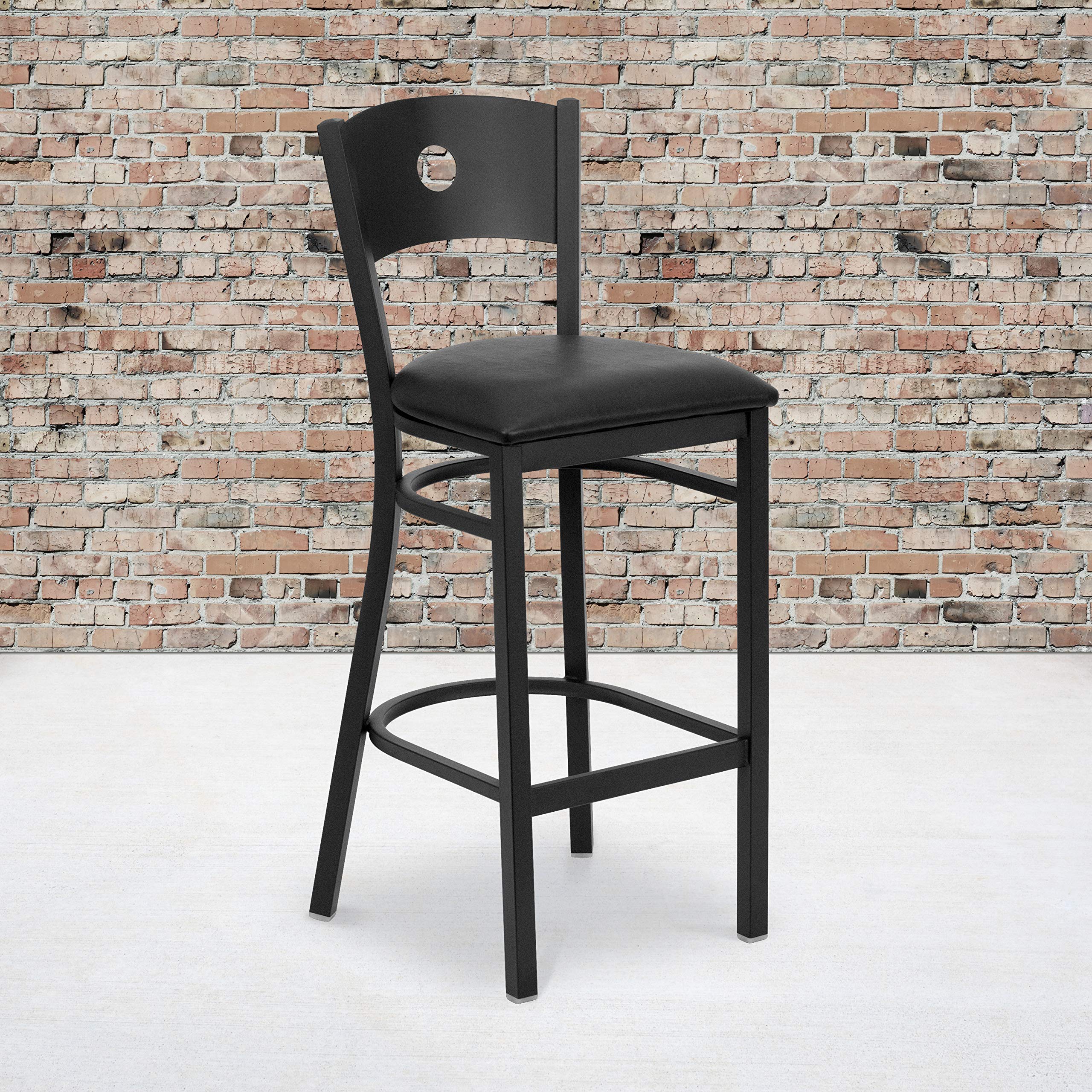 EMMA + OLIVER Black Metal Bar Stool with Circle Back & Vinyl Seat - Modern Kitchen Counter Stool for Dining Room, Bar, or Breakfast Nook