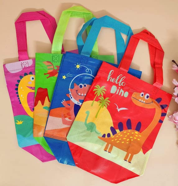 12 Pack AMANVANI Plastic Dinosaur Gift Bags - Medium Size Dinosaur Party Favor Bags for Birthday Goodies | Kids Party Supplies, Return Gifts for Boys & Girls | Perfect for Birthday Parties, School Events & Dinosaur Themed Celebrations