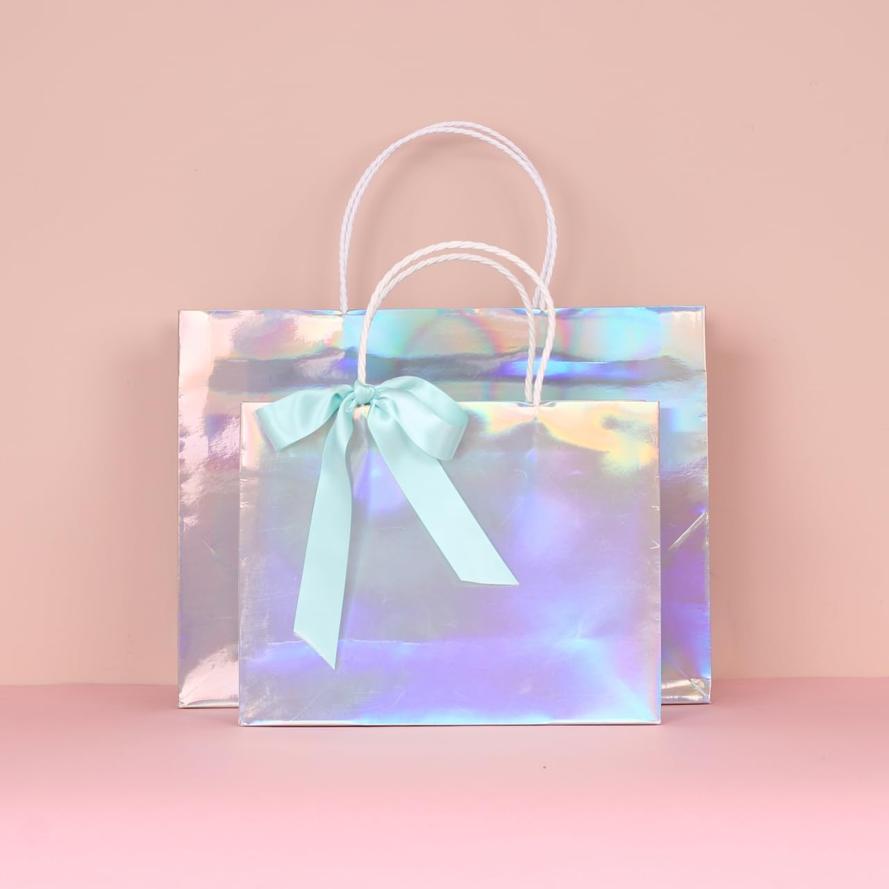 PAPERIST 6-Pack 11.8x4.7x9 Inch Medium Holographic Silver Gift Bags with Premium White Handles - Glossy Laminated Paper Bags for Birthday, Wedding & Party Favors