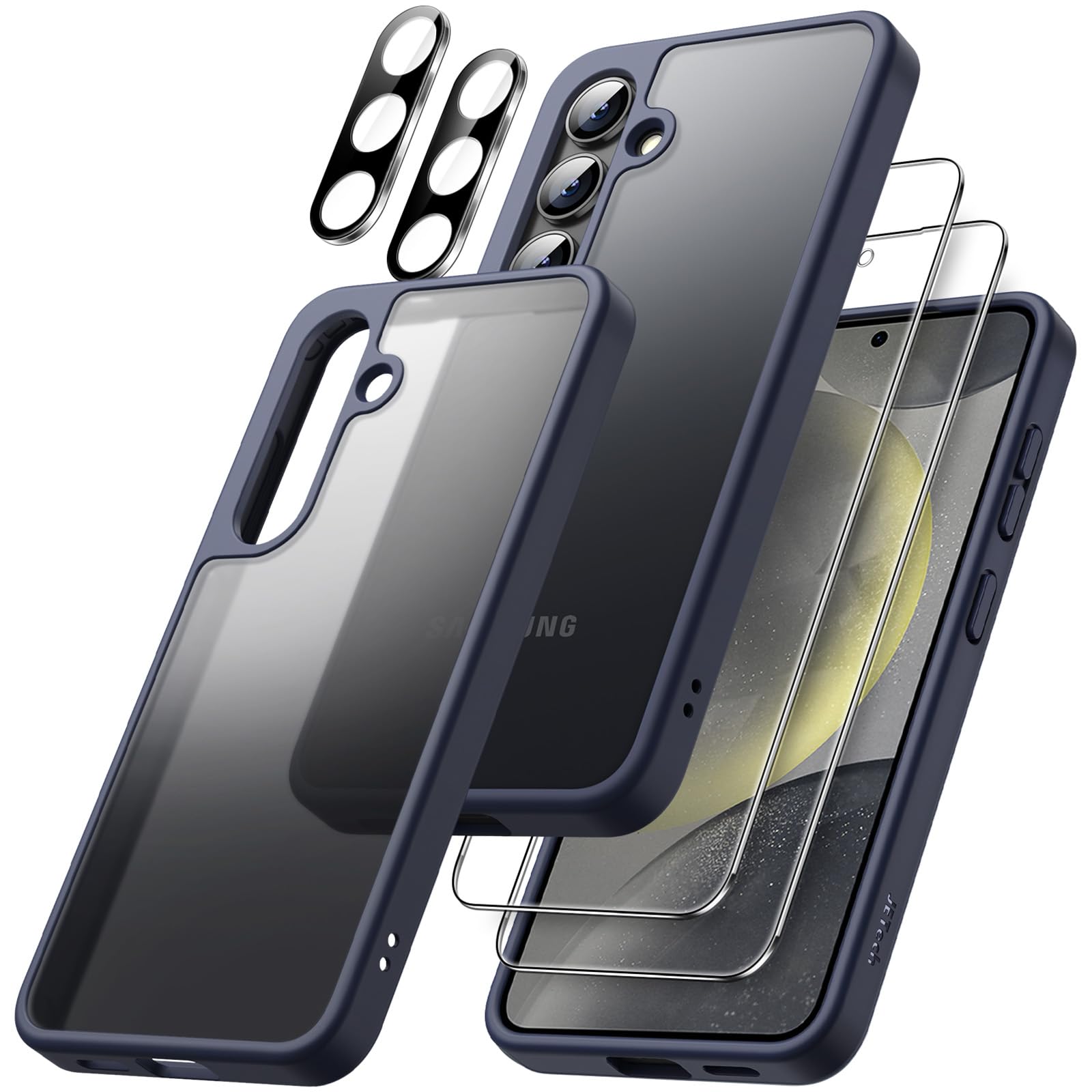 JETech 5-in-1 Matte Case for Samsung Galaxy S24+ / S24 Plus 5G - 2-Pack Tempered Glass Screen Protector & Camera Lens Protector, Translucent Back Protective Phone Cover (Dark Blue) - Perfect for Work, Travel & Everyday Protection