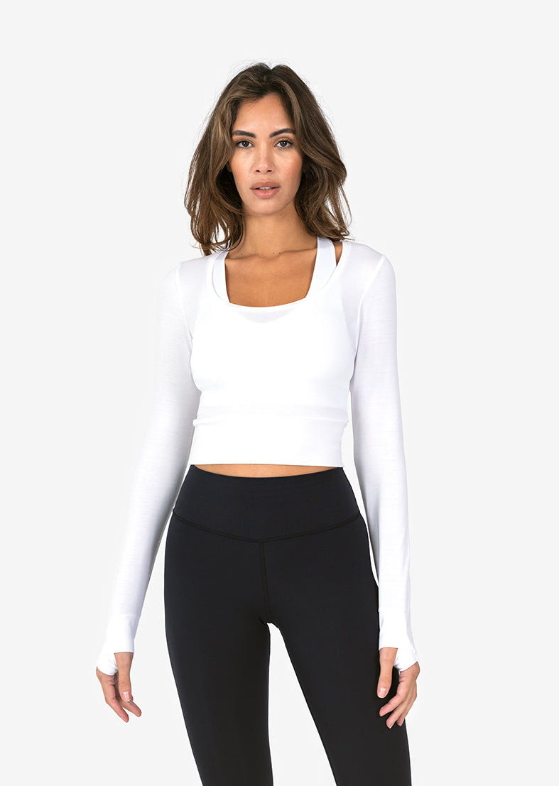 Elevate Aloe Cropped Long Sleeve Top - Women's White Yoga Shirt for Workout, Gym & Casual Wear