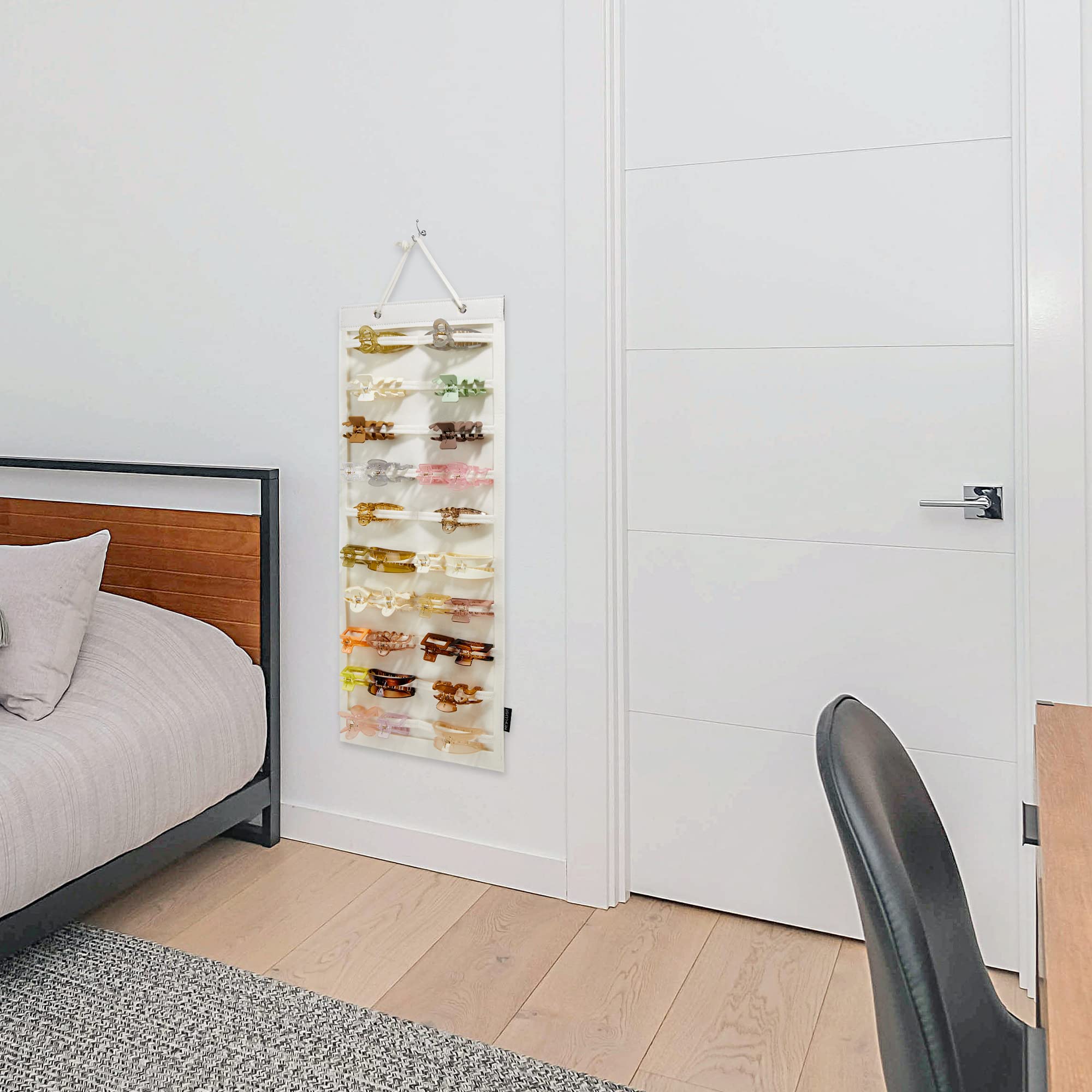 Hair Claw Clips Organizer Wall Mount - 12 Slot Hair Accessory Storage Holder for Women & Girls - Beige Closet Door Hanging Clips Organizer (No Accessories Included) | Perfect for Bathroom, Bedroom & Dorm Organization