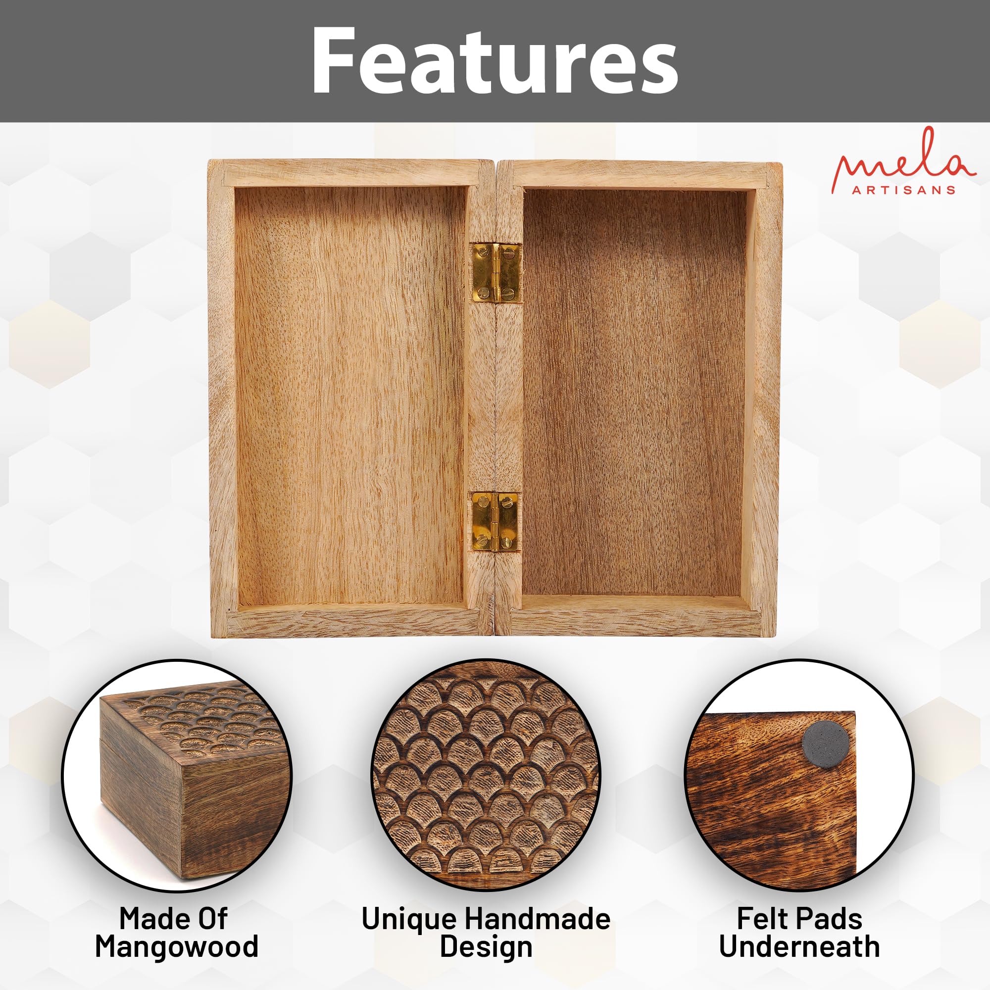 Handmade Carved Scallop Mango Wood Box with Lid - Medium Burnt Finish Decorative Storage Box - 7.5” x 4.5” x 3” - Perfect for Memory Keepsakes, Jewelry, Photos & Home Decor