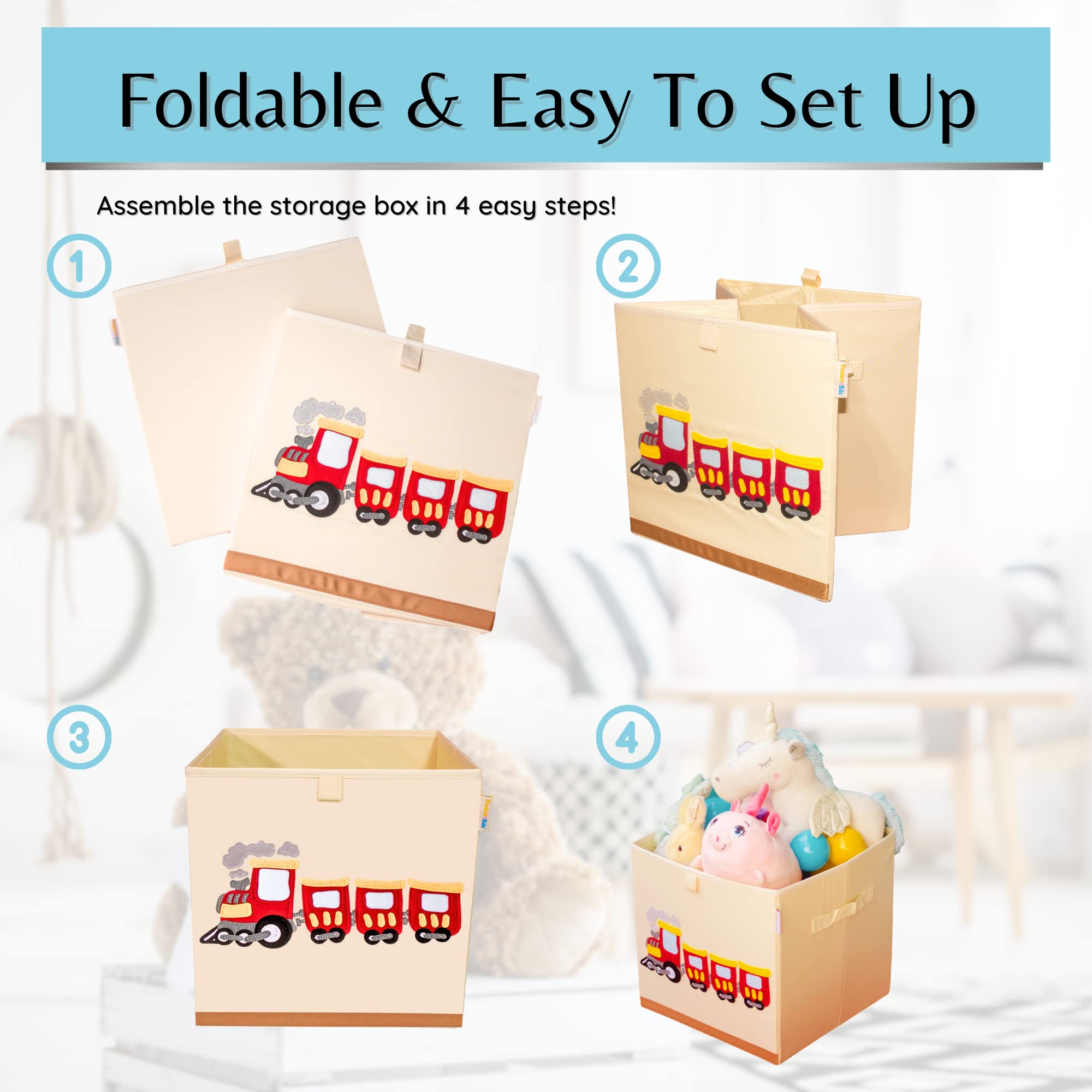 Washable Canvas Toy Storage Cube Organizer - Foldable 13x13x13 Inch Toy Box for Kids Bedroom & Playroom | Train Design | Perfect for Organizing Stuffed Animals, Legos & Playroom Toys