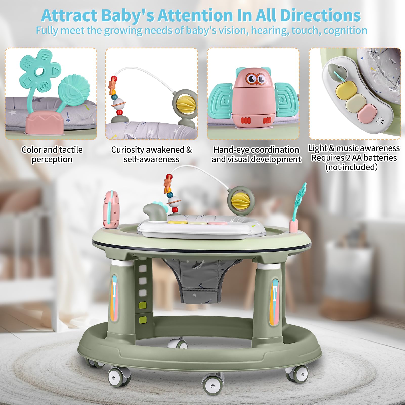 Baby Walker with Music & Lights - Adjustable Height Activity Center for Infants 6-18 Months | 360° Swivel Seat, Detachable Toys & Bounce Pad | Perfect for Learning to Walk & Playtime Fun