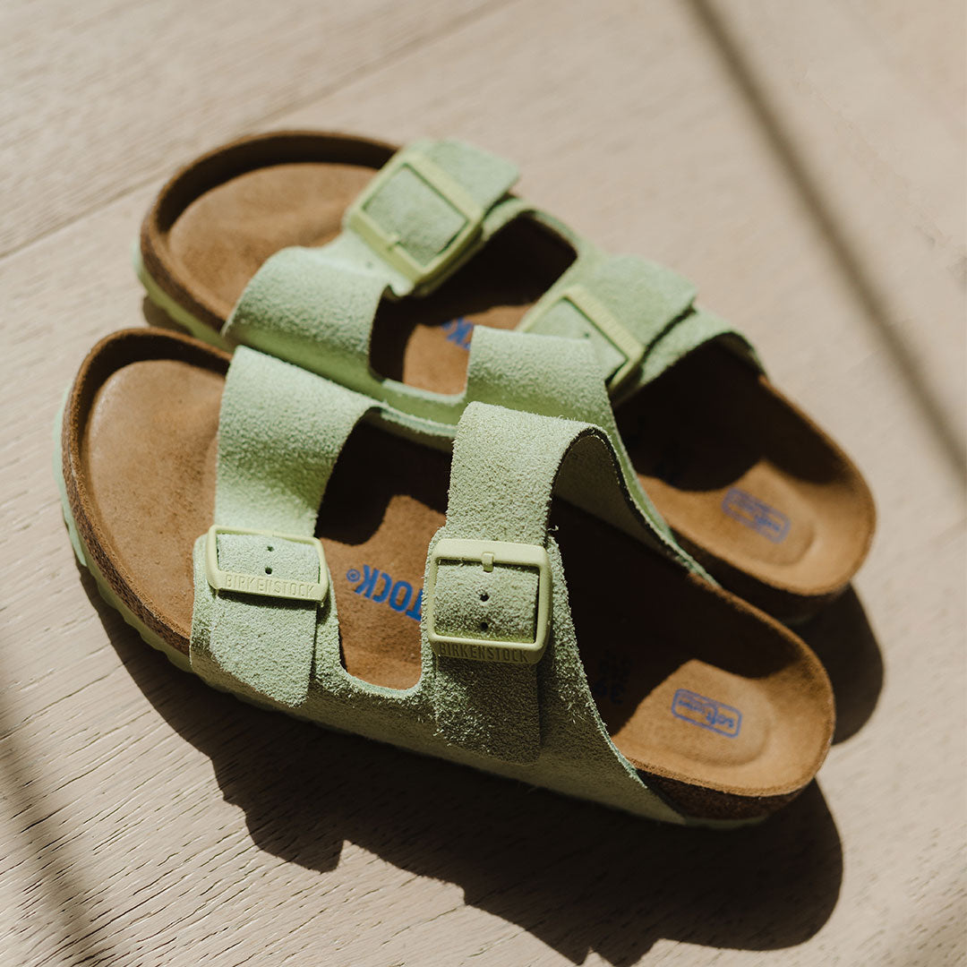 Birkenstock Arizona Soft Footbed Sandals - Suede Leather in Faded Lime | Comfortable & Supportive for Casual Wear, Walking & Outdoor Activities