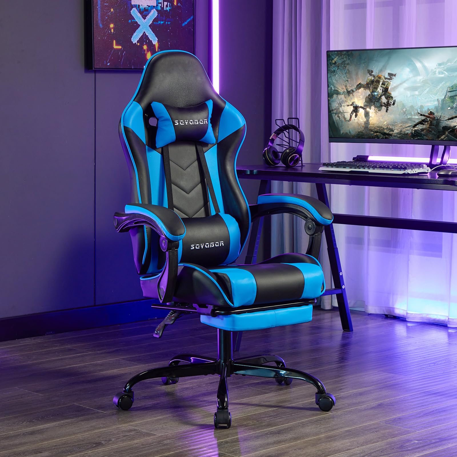 Premium Ergonomic Gaming Chair with Footrest & Lumbar Support - Adjustable PU Leather Office Chair with Massage & Recliner for Adults - Perfect for PC Gaming, Home Office & Streaming Setup