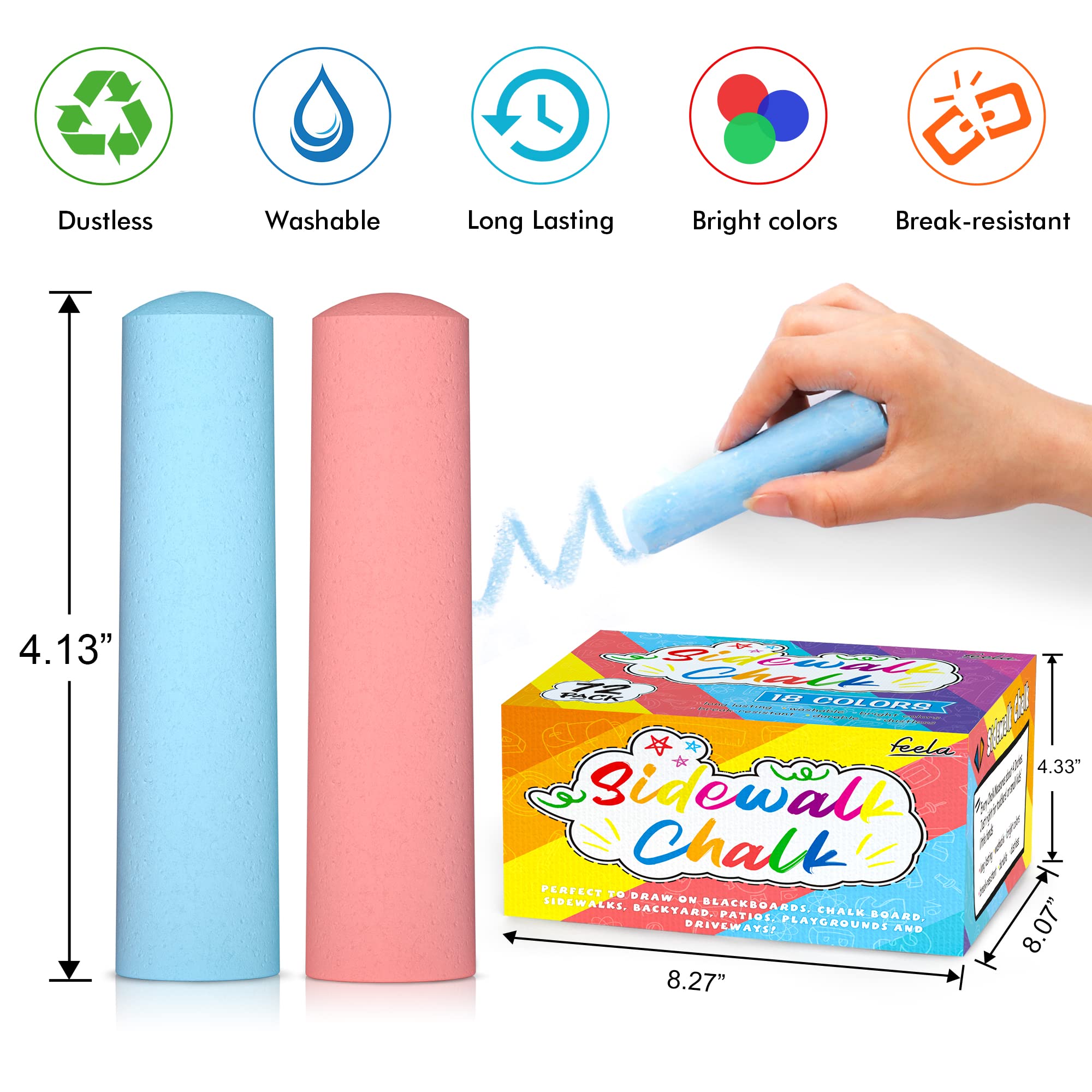**Feela 72-Pack Jumbo Sidewalk Chalk for Kids - Non-Toxic, 18 Vibrant Colors - Outdoor Play, School Blackboard & Playground Fun - Perfect for Sidewalk Art, Hopscotch & Creative Play**