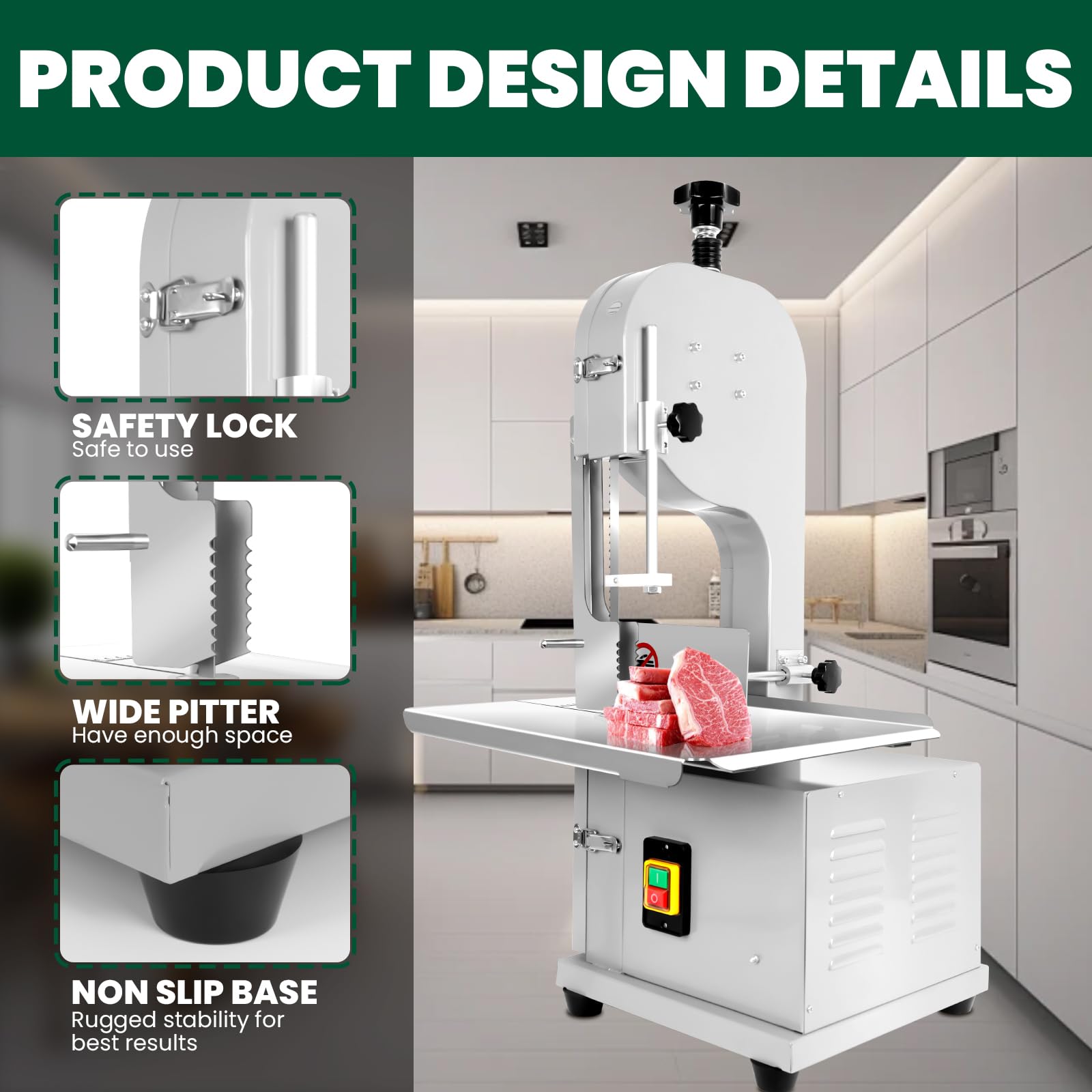 1500W Commercial Electric Bone Saw Machine - Heavy Duty Meat Cutter with 8 Saw Blades, 0.04-7.8 Inch Adjustable Cutting Thickness, 110V Table Bandsaw for Pork, Beef, Ribs & Frozen Meat - Perfect for Butcher Shops, Restaurants & Meat Processing Facilities