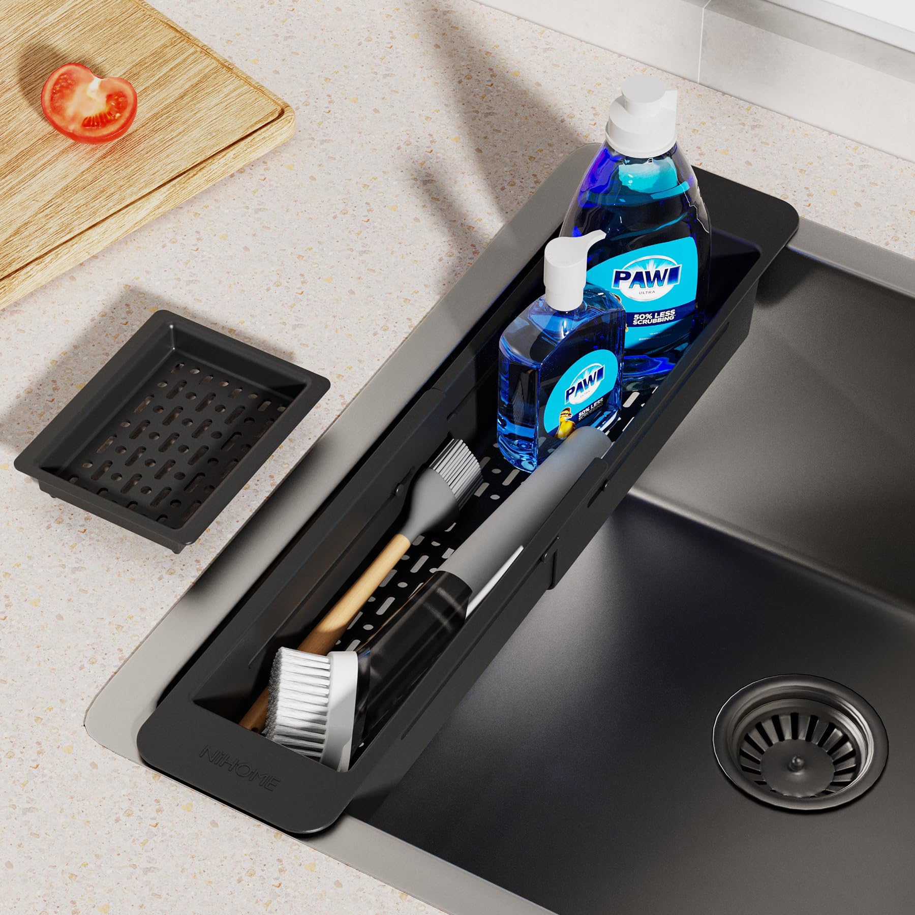 NiHome Extendable Over Sink Kitchen Organizer - Adjustable Sponge & Brush Holder with Non-Slip Pads, Telescopic Sink Caddy for Sponges, Dish Brushes - Durable ABS Material with Drainage Holes (Black) - Perfect for Small Kitchen Spaces, Apartment Sinks & Clutter-Free Countertops