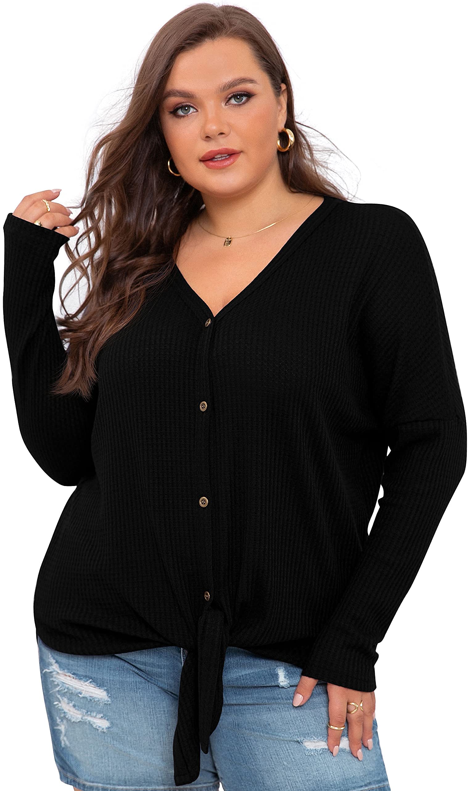 OLRIK Women's Plus Size V-Neck Tie Front Blouse - Long Sleeve Waffle Knit Tunic Top for Casual & Office Wear | Comfortable Button-Up Shirt for Work & Everyday Outfits