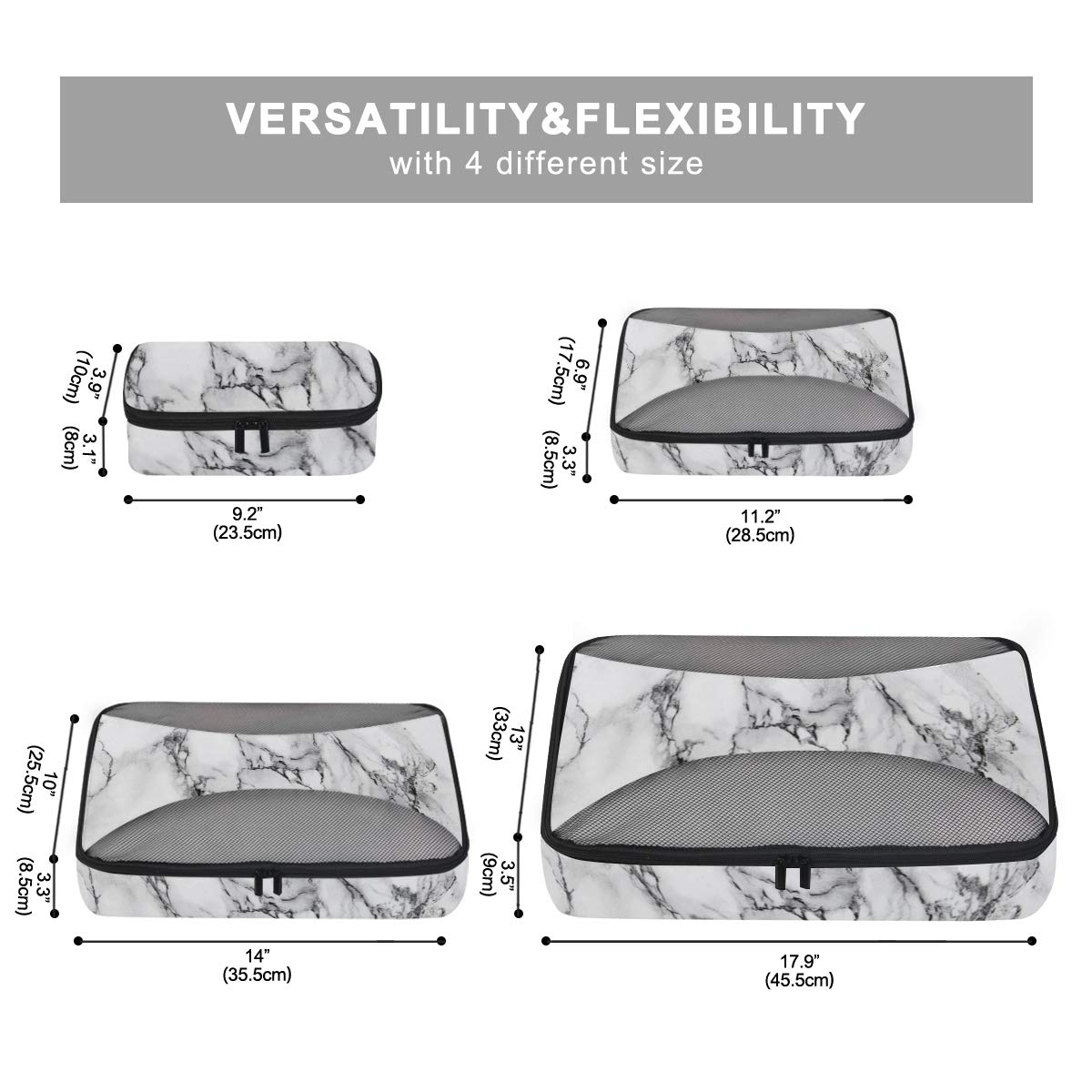 4-Piece Packing Cubes Set - Travel Luggage Organizers for Men & Women | White Marble Design | Perfect for Carry-On Bags, Suitcases & Backpacking Trips