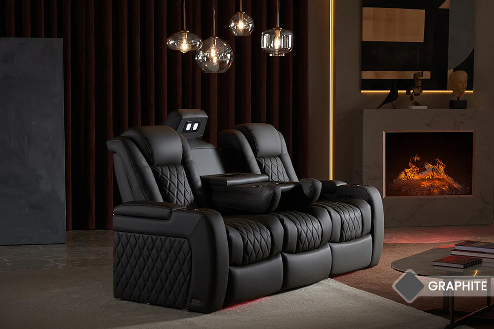 Valencia Tuscany Luxury 3-Seater Console Leather Home Theater Seating with Drop-Down Center Table - Graphite | Perfect for Movie Nights & Entertainment Rooms