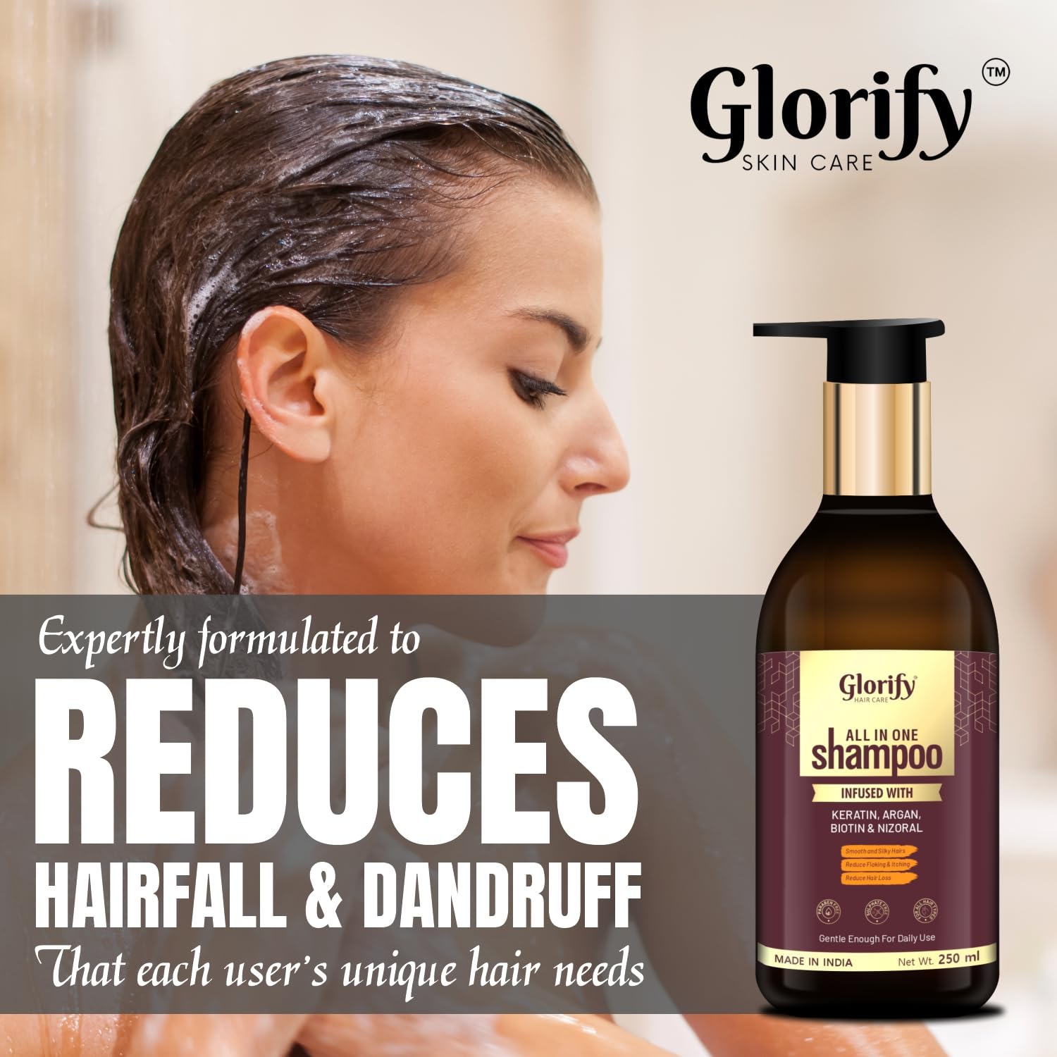 Glorify Biotin Shampoo with Keratin & Collagen for Hair Growth & Strength | Volumizing & Anti-Dandruff Shampoo | Reduces Itching & Repairs Damaged Hair | Controls Hair Loss for Men & Women | 250ml | Perfect for Daily Use & Hair Care Routine