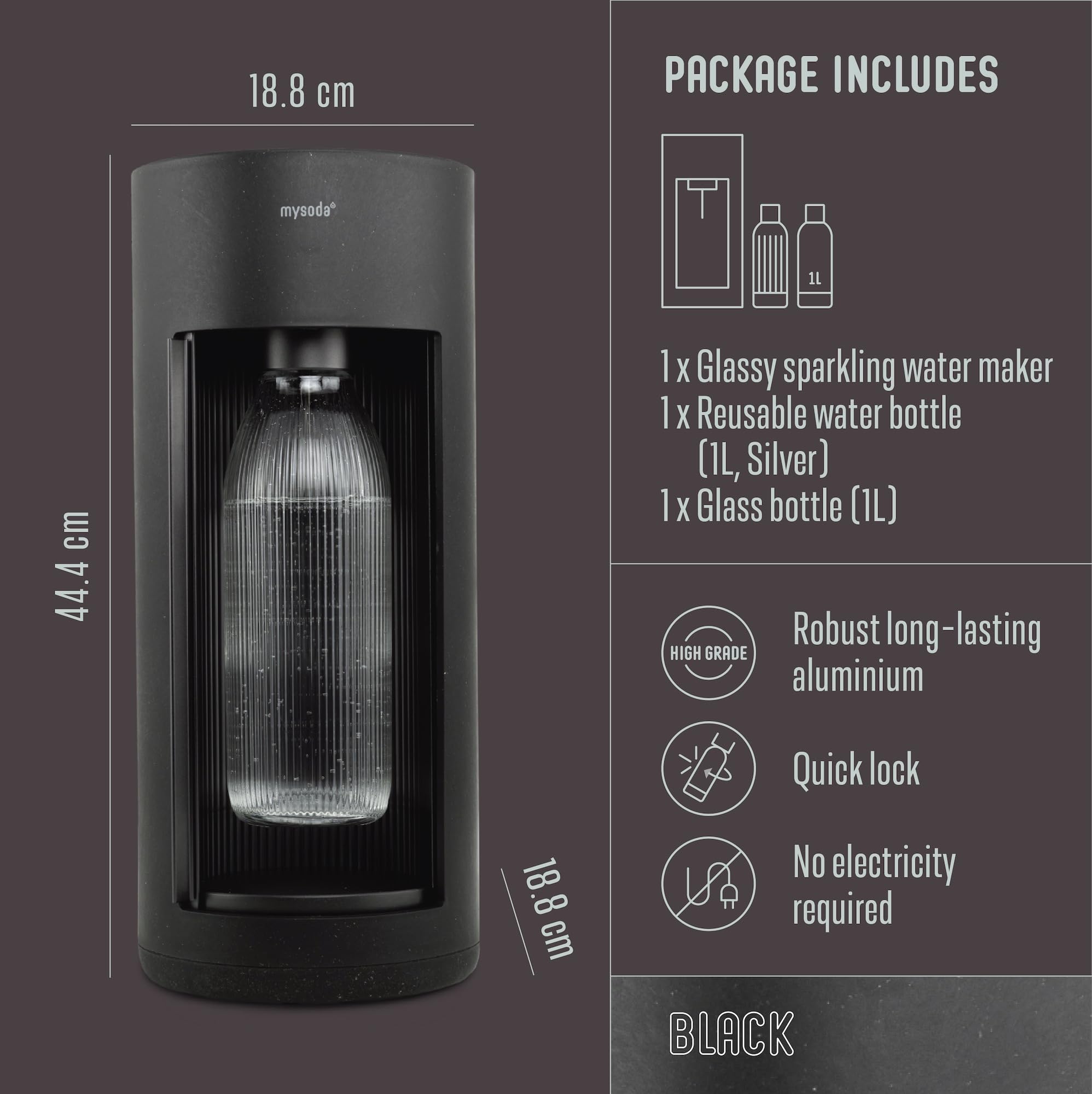 **Mysoda Glassy Sparkling Water Maker - 1L Glass & Plastic Bottle, Silent Nordic Design, Sliding Door - Black | Home & Office Carbonated Drink Machine for Healthy Hydration**
