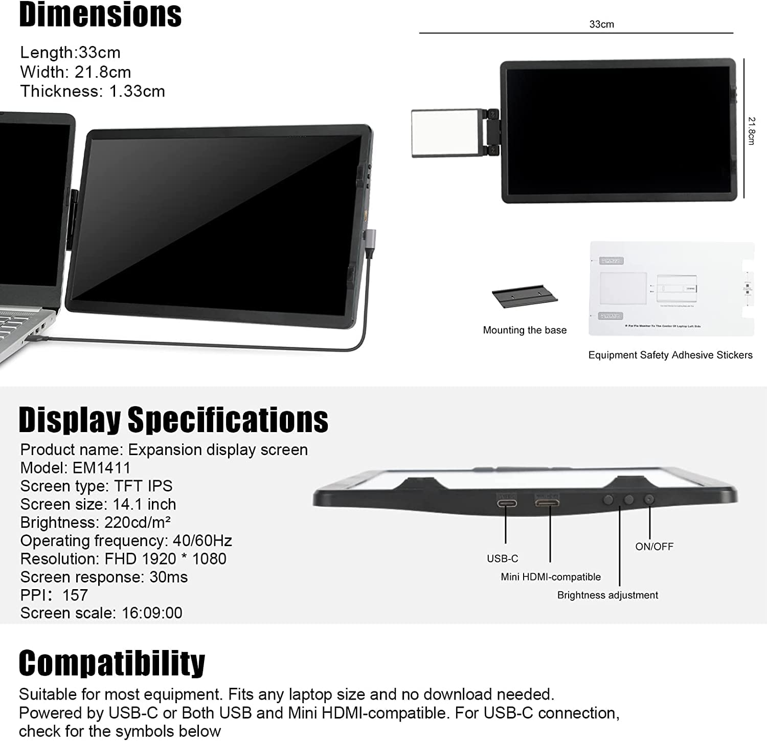 14 Inch Portable Laptop Monitor Extender - 360° Rotatable Dual Screen USB Plug & Play for Mac/PC/Chromebook | Perfect for Remote Work, Gaming & Multitasking