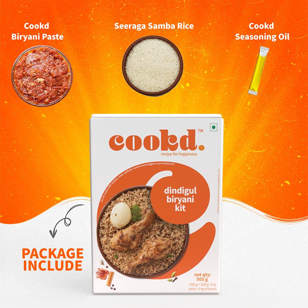 Authentic Cookd Dindigul Biryani Kit 505g (Serves 3) – Ready to Cook in 20 Minutes with Seeraga Samba Rice, Spiced Paste & Seasoning Oil | Premium Biryani Masala Spice Blend | Perfect for Quick Family Dinners & Indian Food Lovers (Pack of 1)
