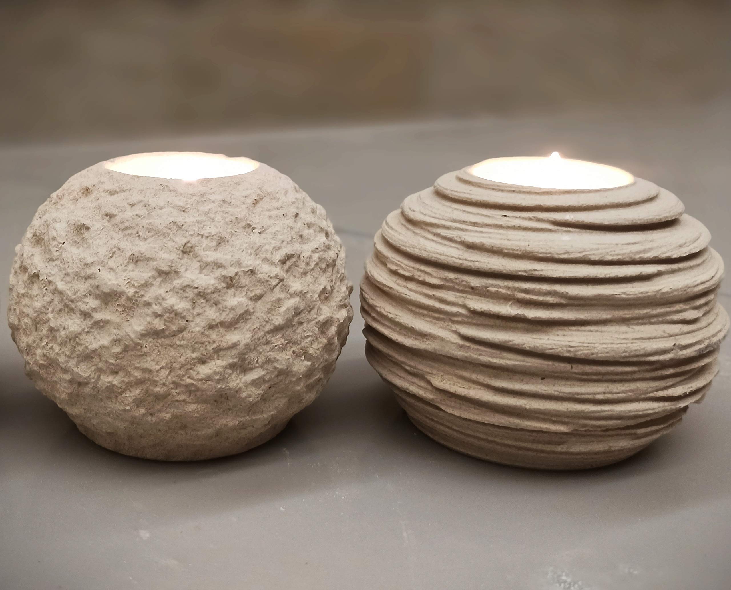 Set of 2 Handmade Italian Stone Sphere Candle Holders - Rough & Grooved Design with Gift Box, Candles & Blank Message Card - Home Decor for Shelves, Coffee Tables, Dining Room Centerpieces | Perfect for Romantic Dinners, Wedding Decor & Spa Ambiance