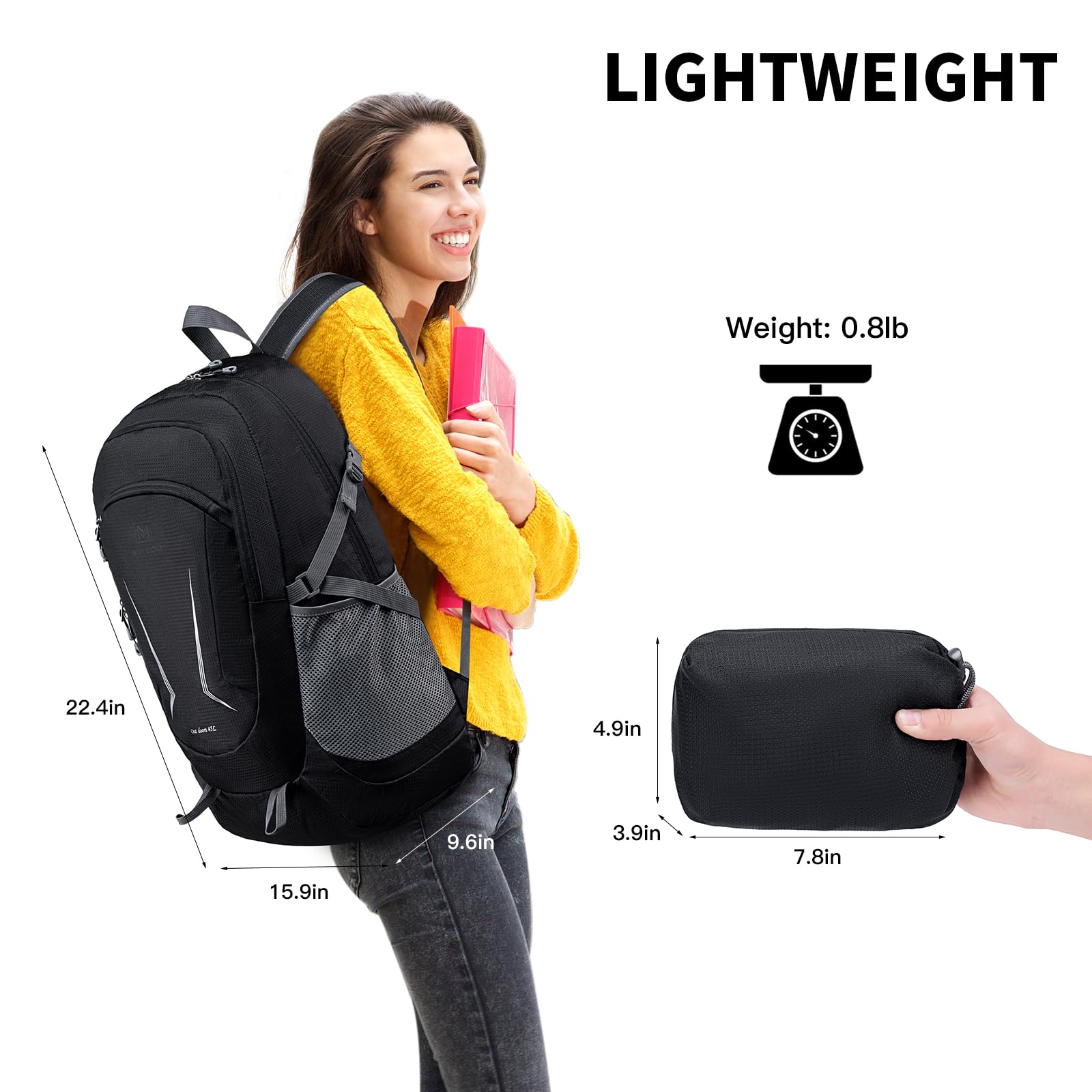 MIYCOO Ultra Lightweight 45L Packable Backpack - Waterproof Foldable Hiking Daypack for Travel, Camping & Outdoor Adventures - Perfect for Men & Women (Black)