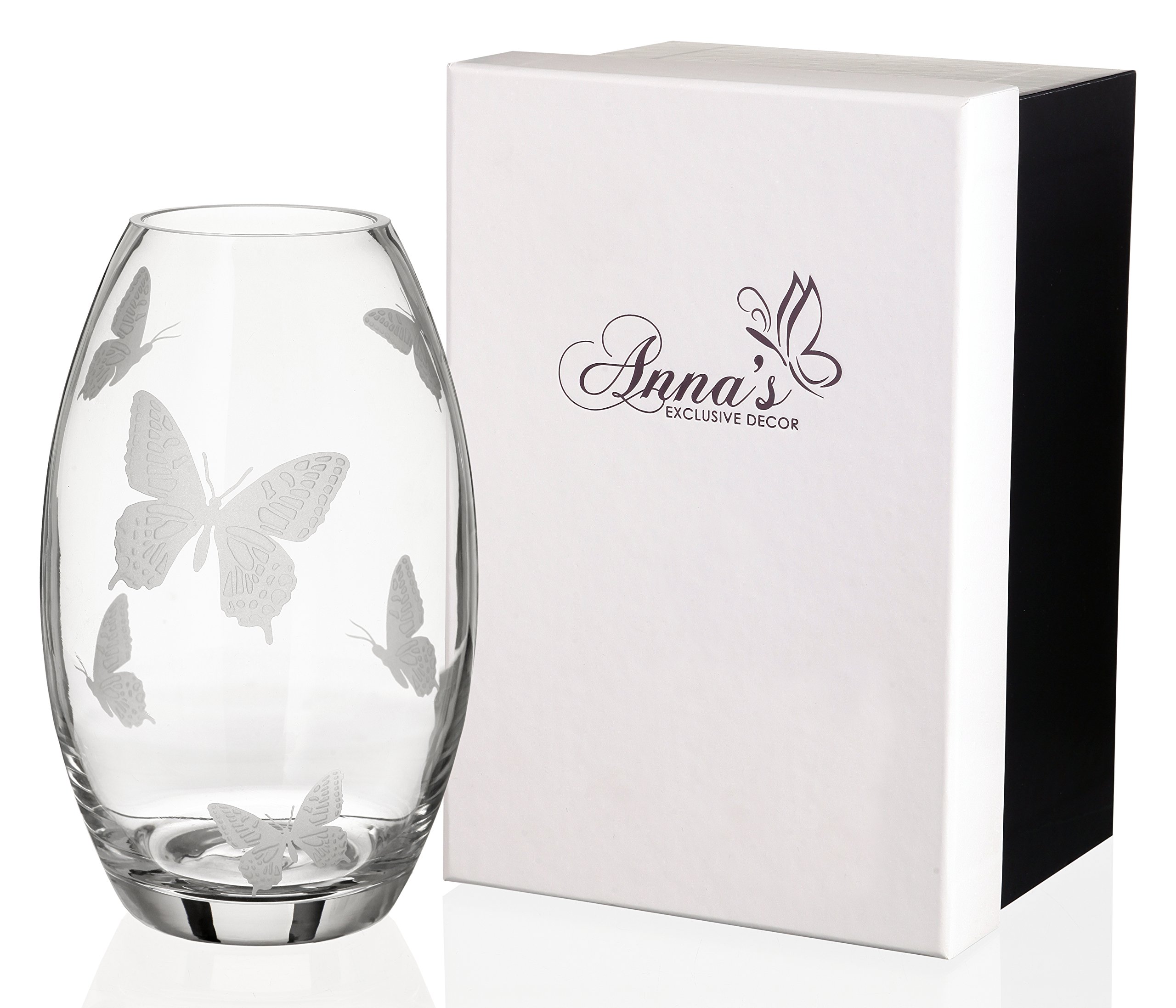 Luxury Handmade Glass Butterfly Vase - Sandblasted Butterfly Decor, Elegant Satin-Lined Gift Box - European Design Clear Vase 9.1 Inch (23 cm) - Perfect for Home Decor, Wedding Centerpieces & Gift Giving
